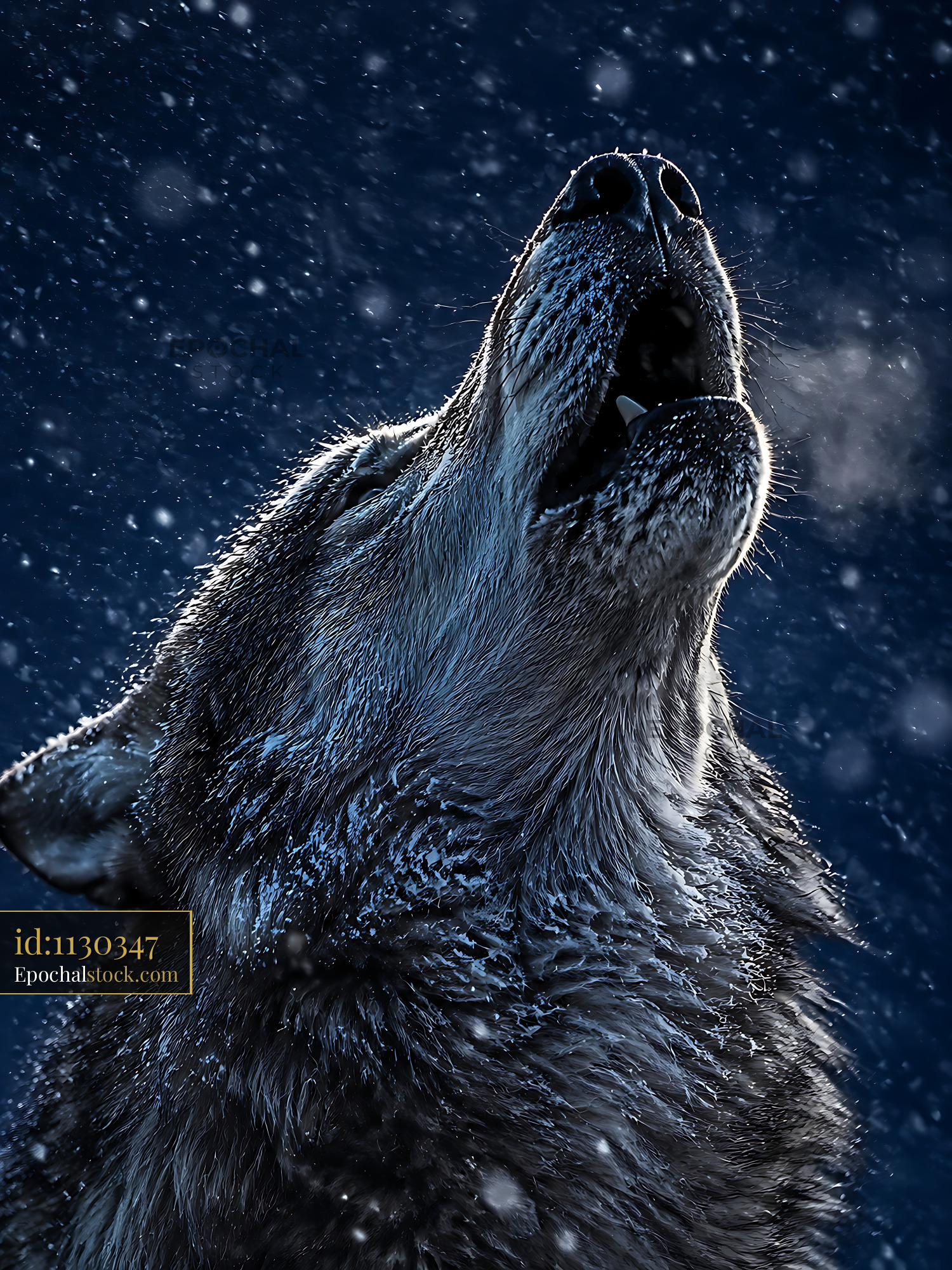 Watermarked full-resolution preview of Wolf howling in a snowy landscape at night