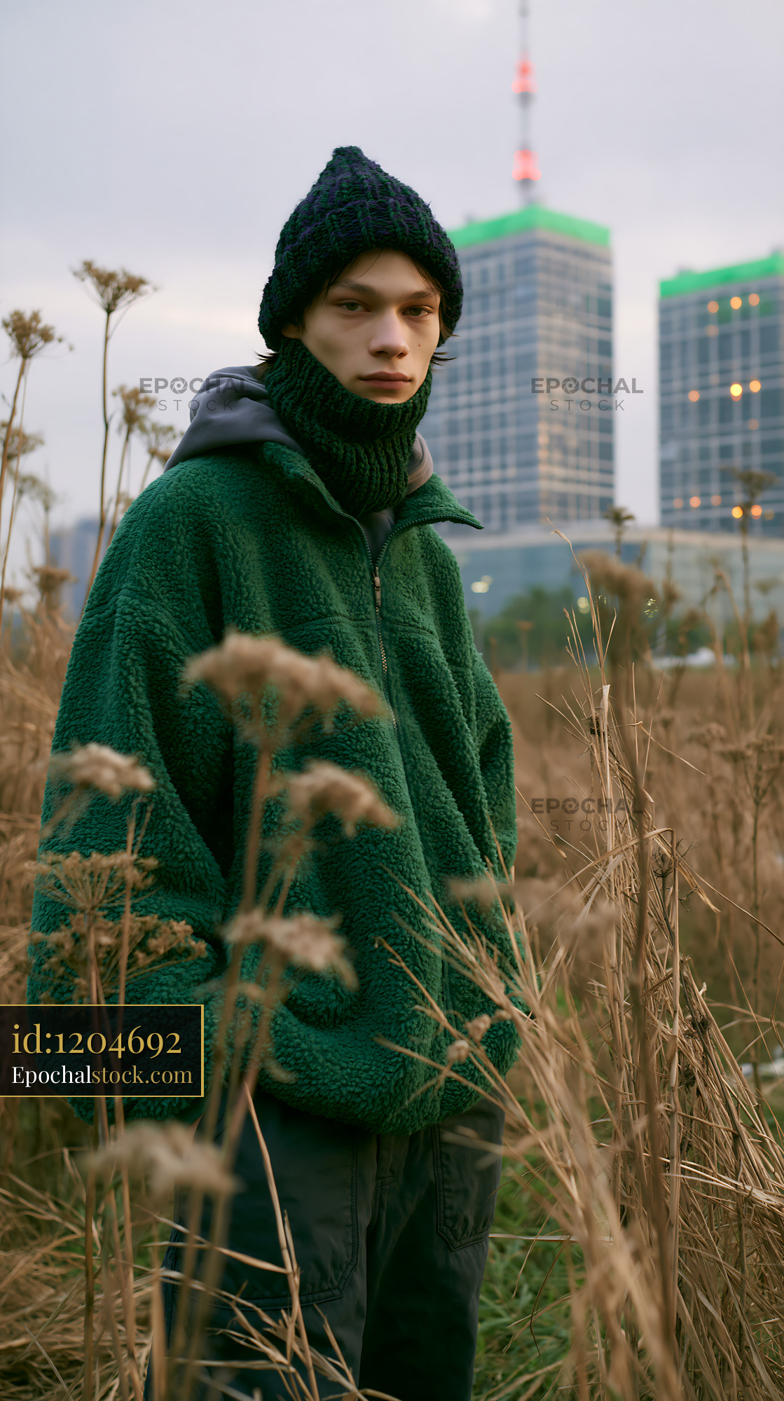 Watermarked full-resolution preview of Model stands in tall grass with city buildings in the background