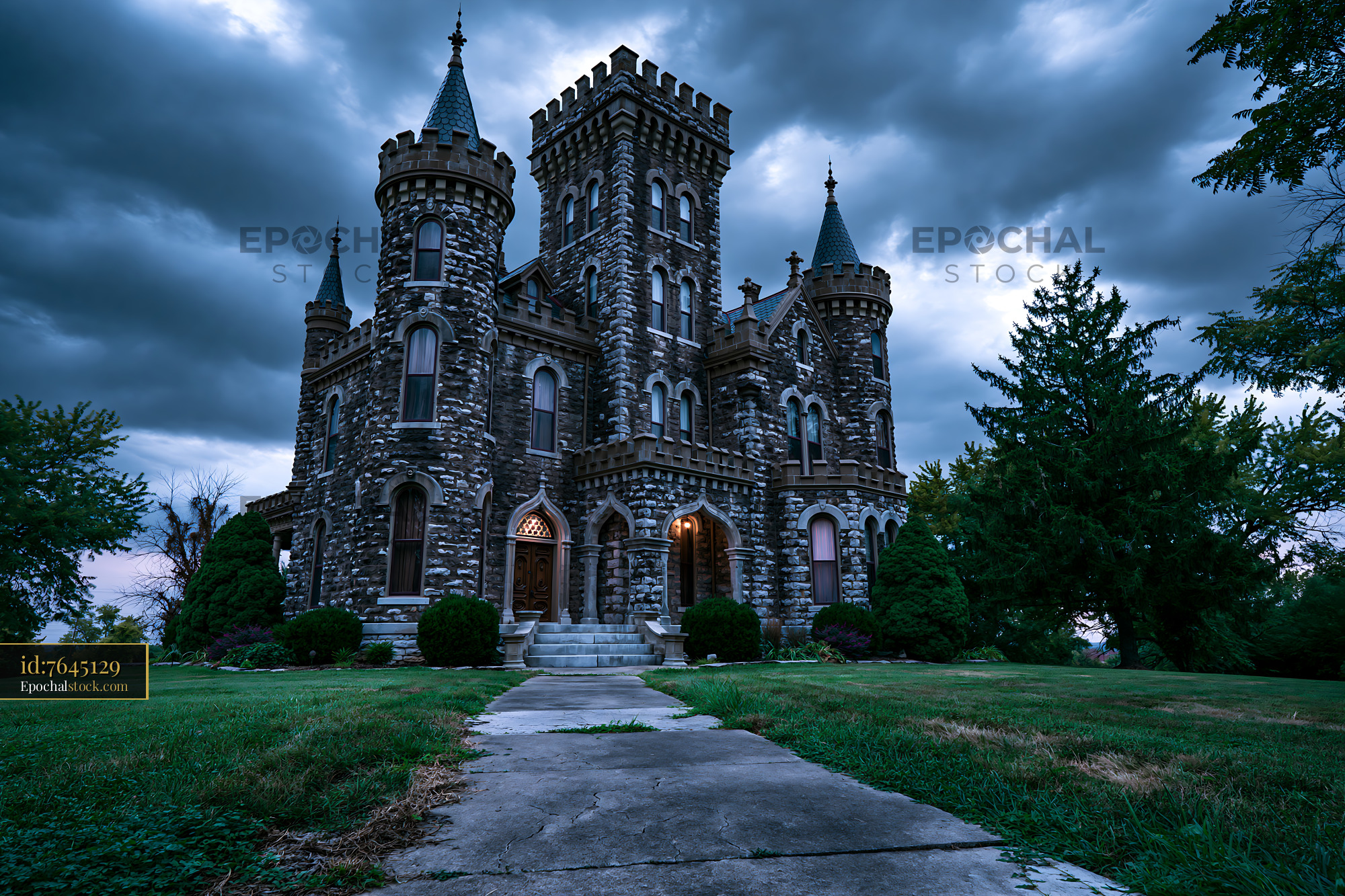 Watermarked full-resolution preview of Dark stone castle surrounded by trees and cloudy sky