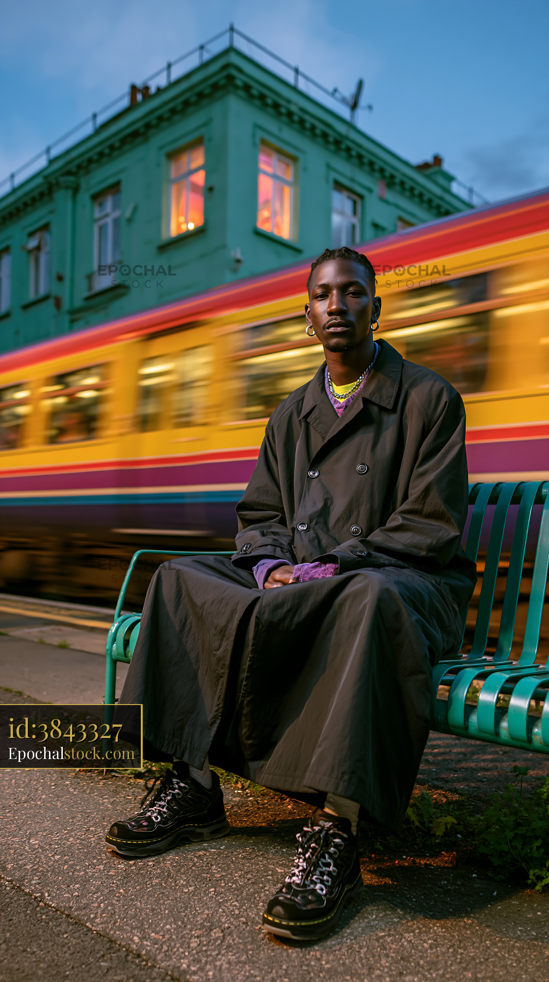 Watermarked full-resolution preview of Man sitting on bench by train tracks in urban setting during twilight