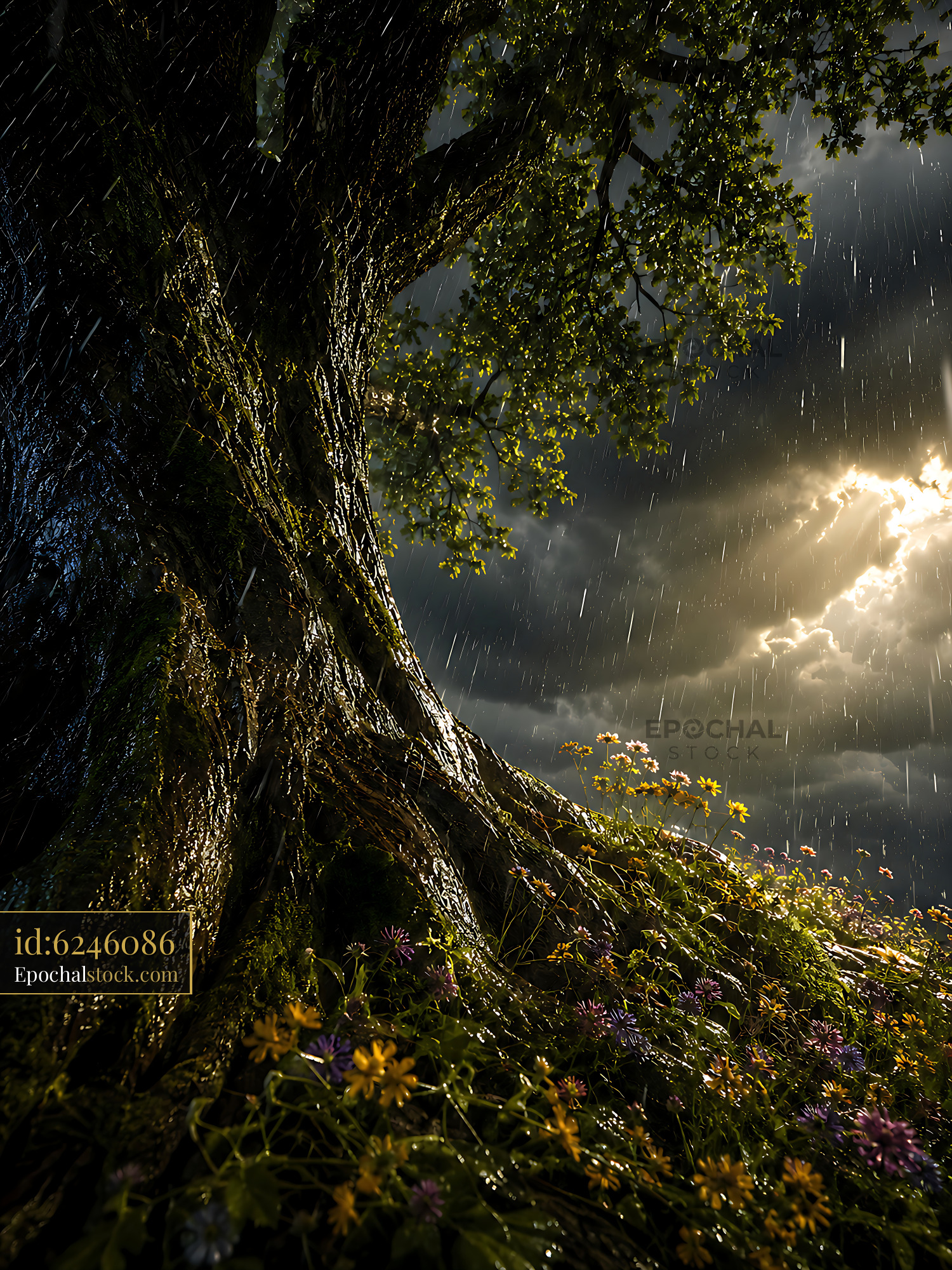 Tree Trunk With Flowers Under Rainfall and Dramatic Sky View - stock photo
