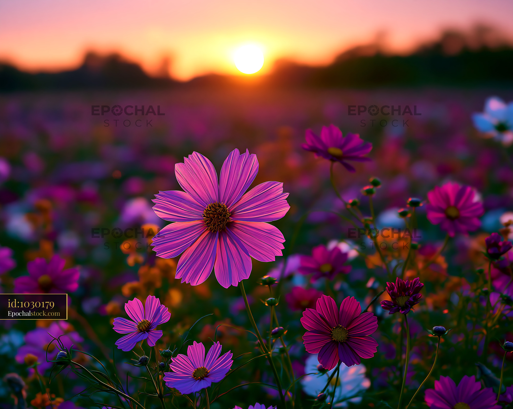 Watermarked full-resolution preview of Cosmos flowers bloom during sunset in a vibrant field