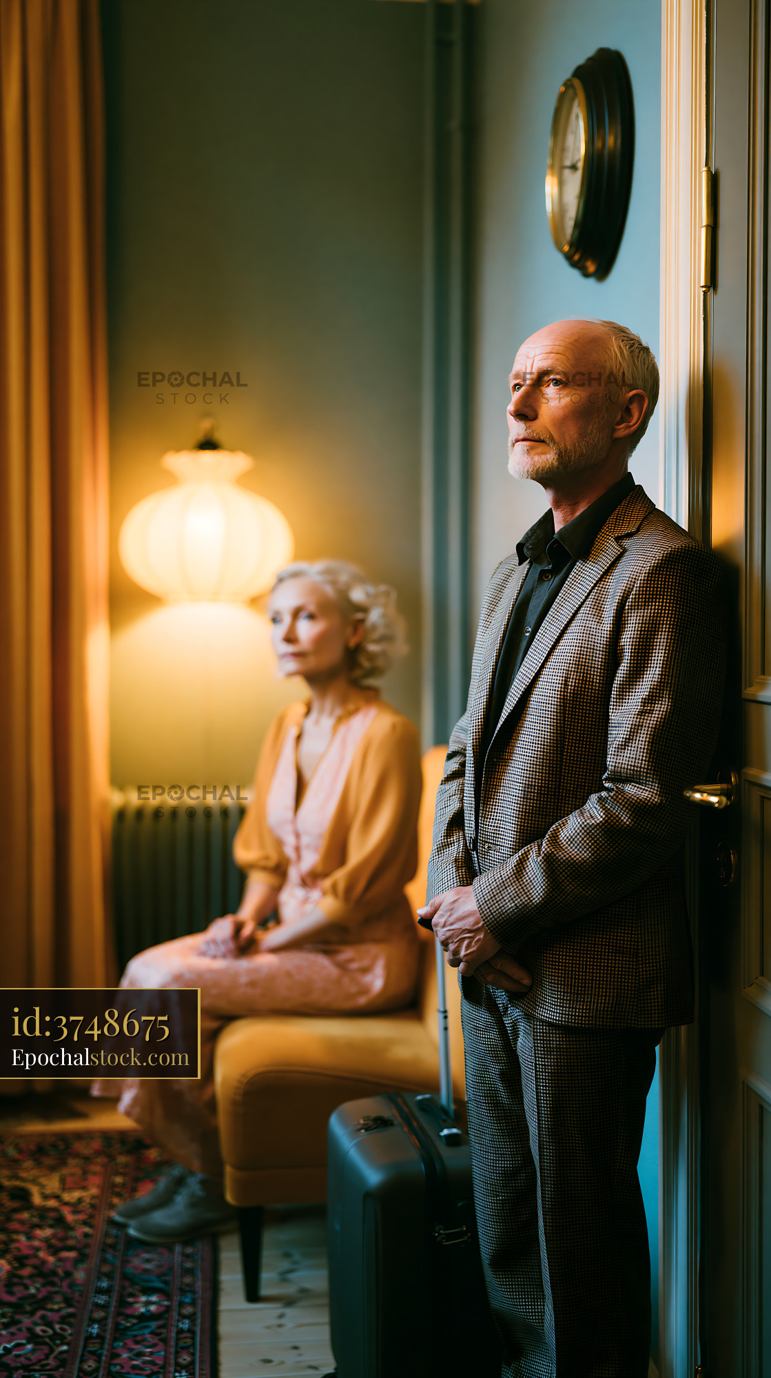 Watermarked full-resolution preview of Couple waiting in a room with vintage furniture and warm lighting