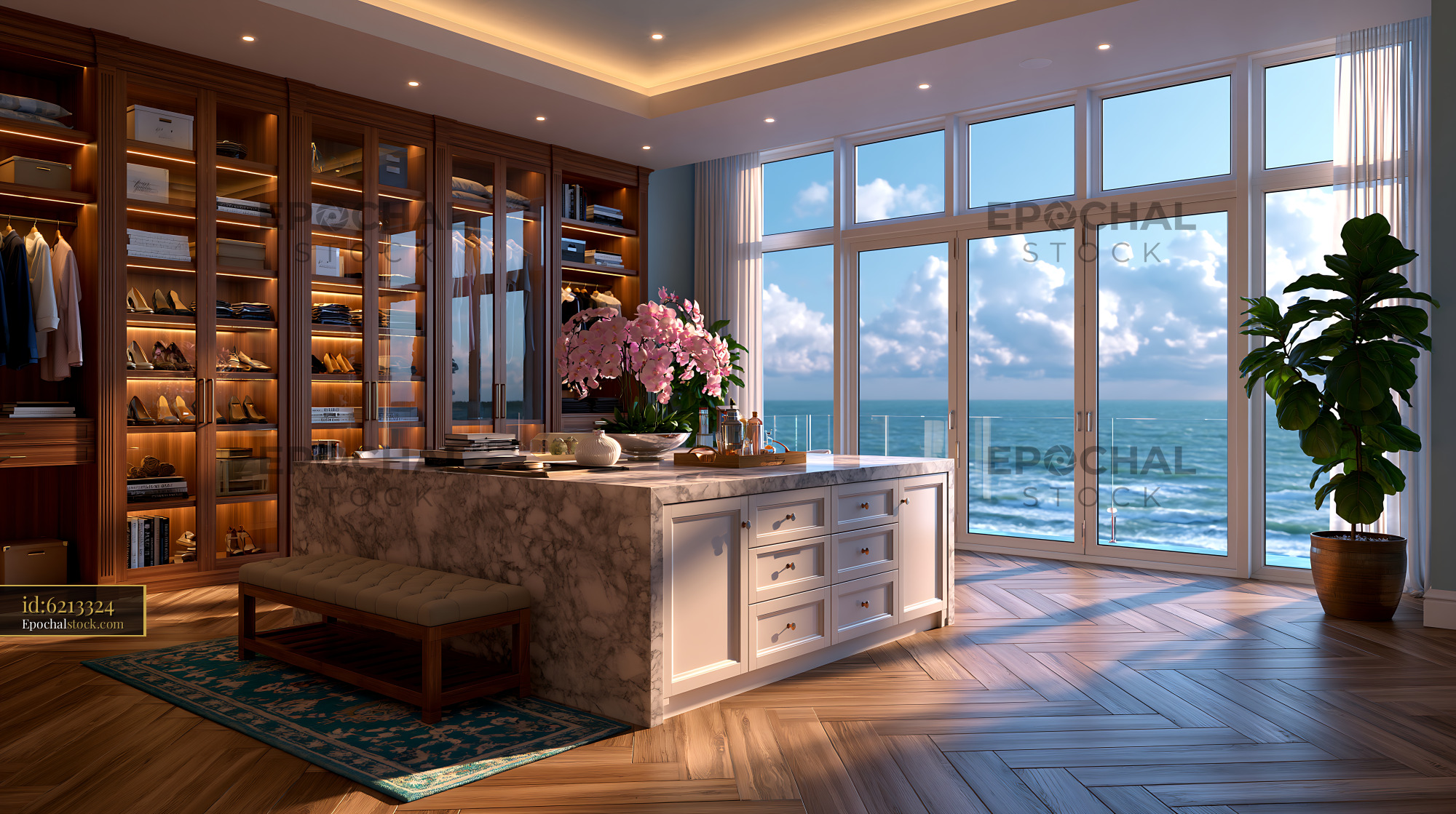 Elegant walk-in wardrobe with ocean view
