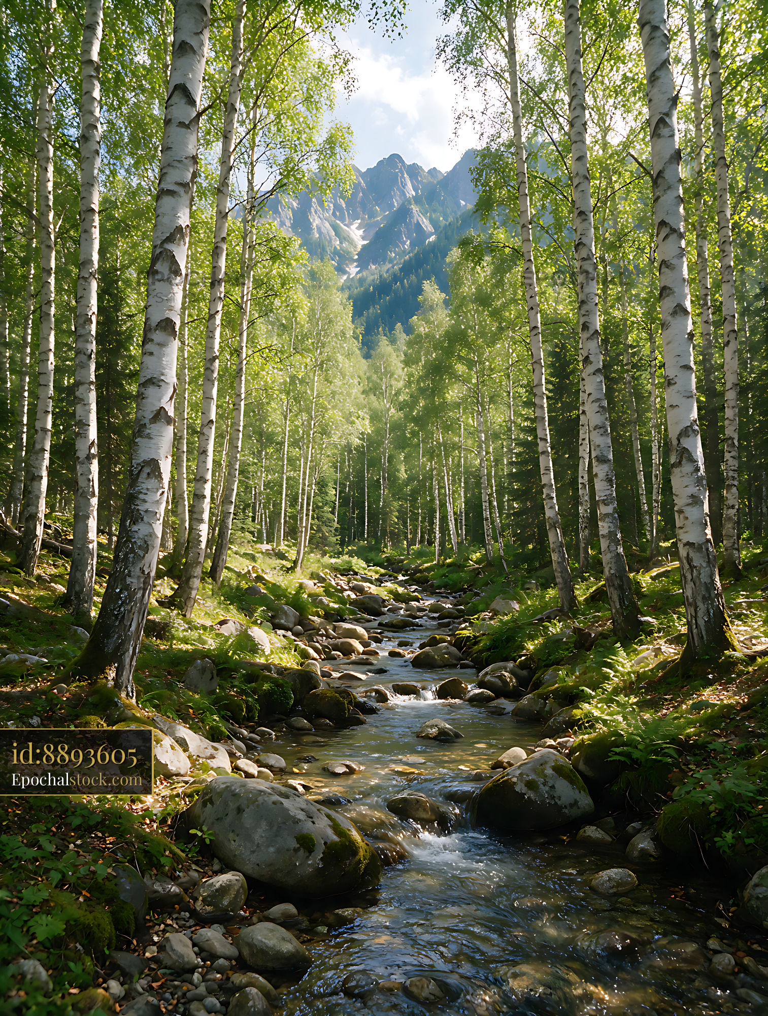 Watermarked full-resolution preview of Sunlit birch woodland and mountain stream