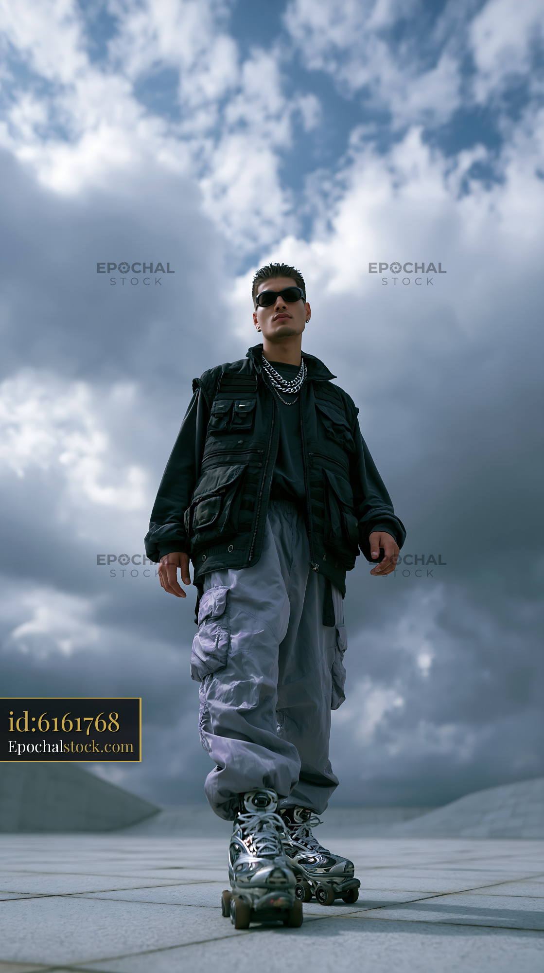 Man Wearing Tactical Vest and Sunglasses on Roller Skates - stock photo