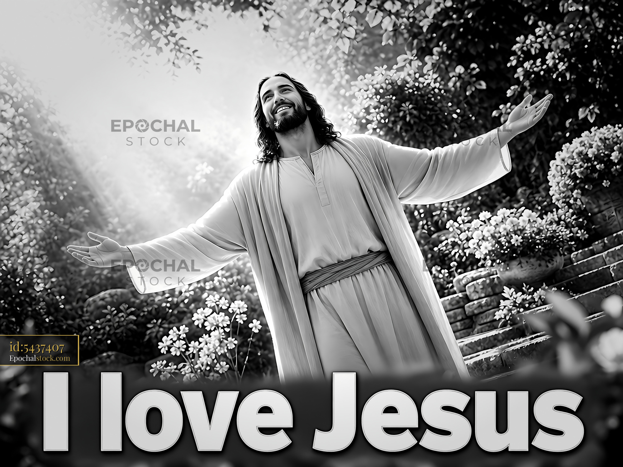 Watermarked full-resolution preview of Man with open arms expresses love for Jesus in a garden