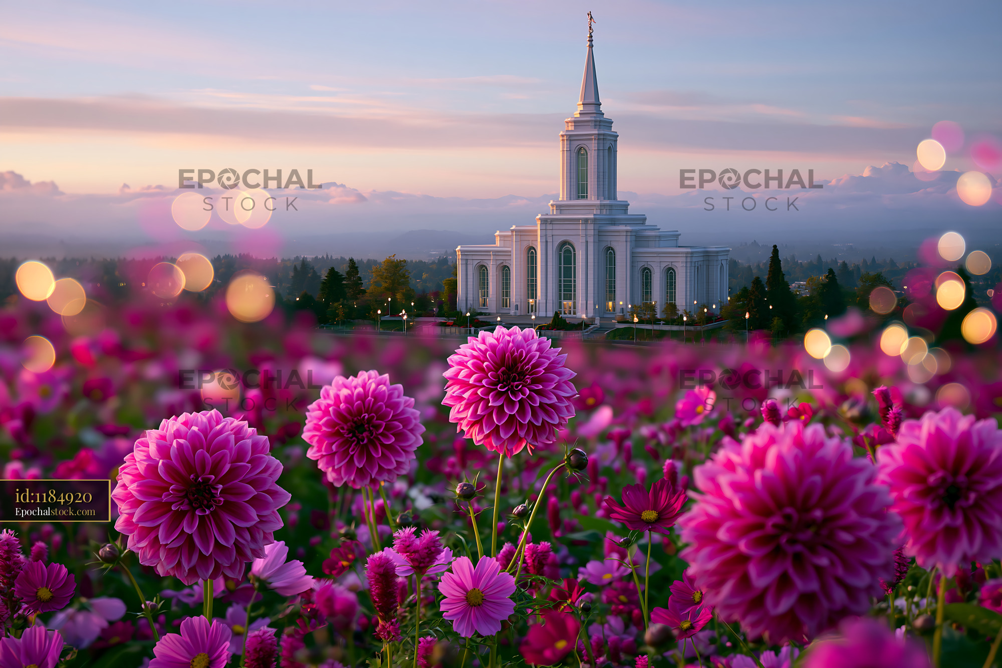 Watermarked full-resolution preview of Flowers in front of a temple during sunrise with a colorful sky