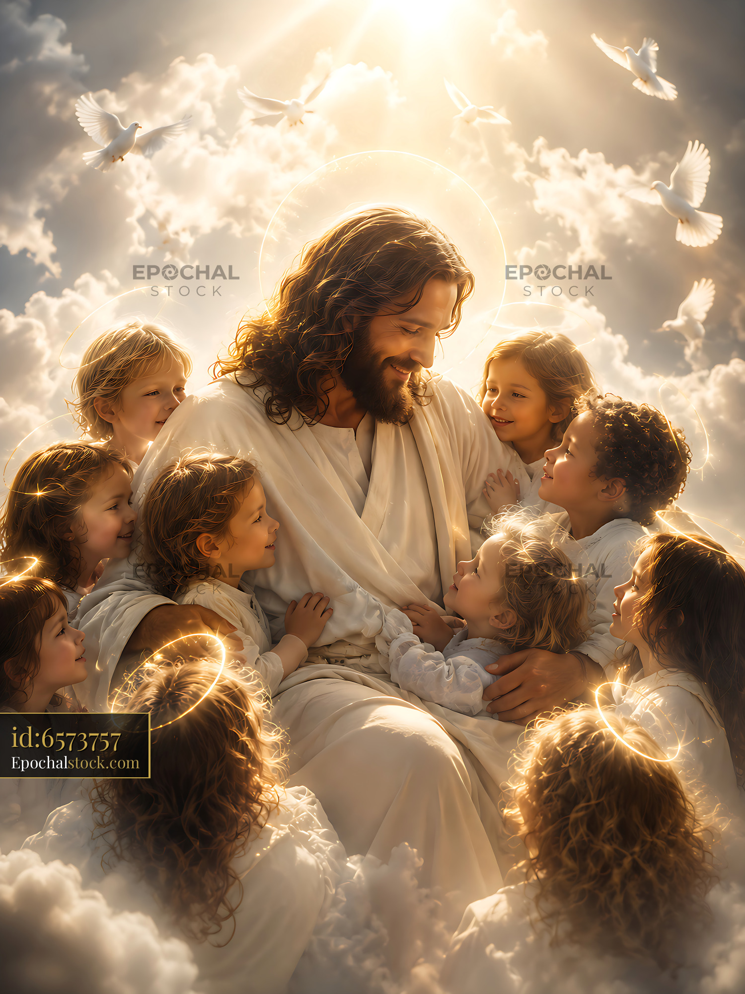 Jesus Surrounded by Children in a Bright Heavenly Scene - stock photo