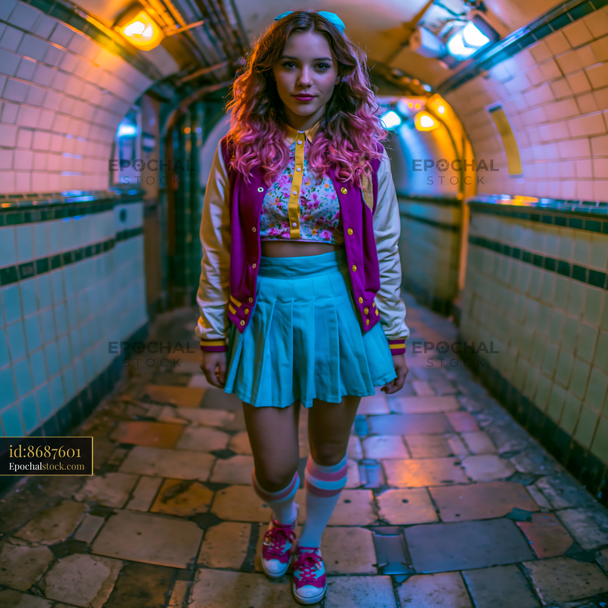 Watermarked full-resolution preview of Young woman walks through a vintage subway tunnel