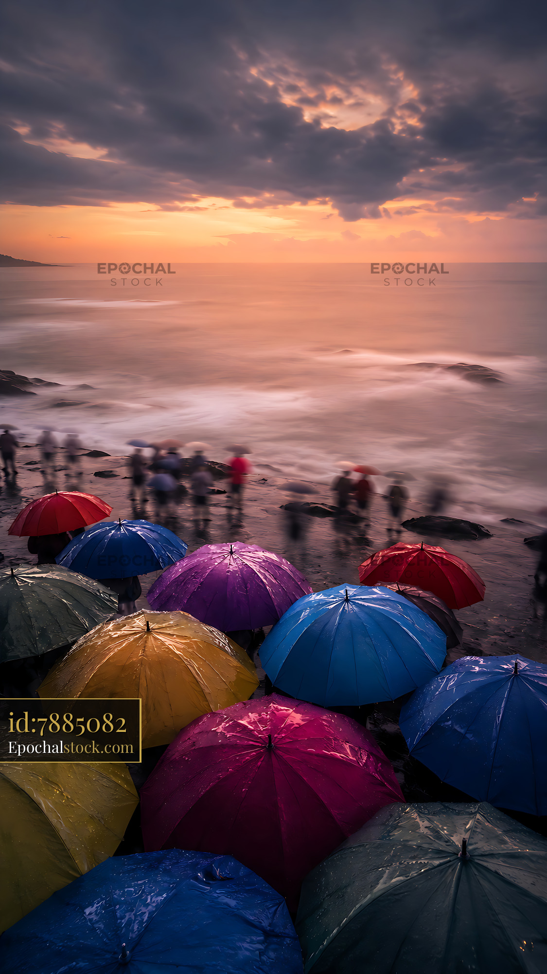 Watermarked full-resolution preview of Colorful umbrellas at a rocky beach during sunset