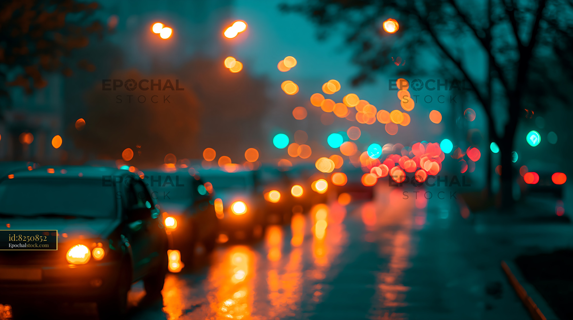 Watermarked full-resolution preview of Traffic lights shine at night during rain
