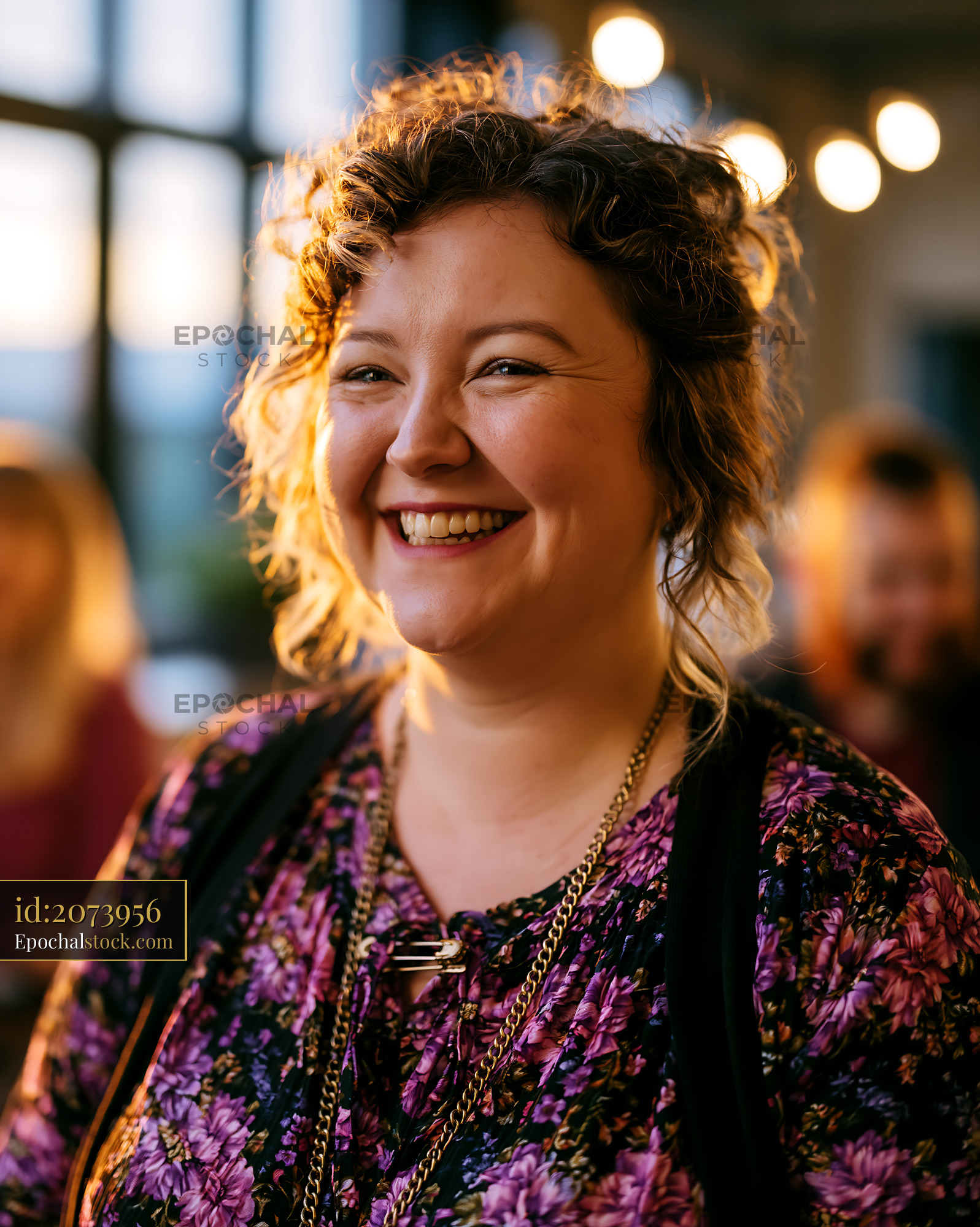 Watermarked full-resolution preview of Close portrait of smiling woman in purple floral top
