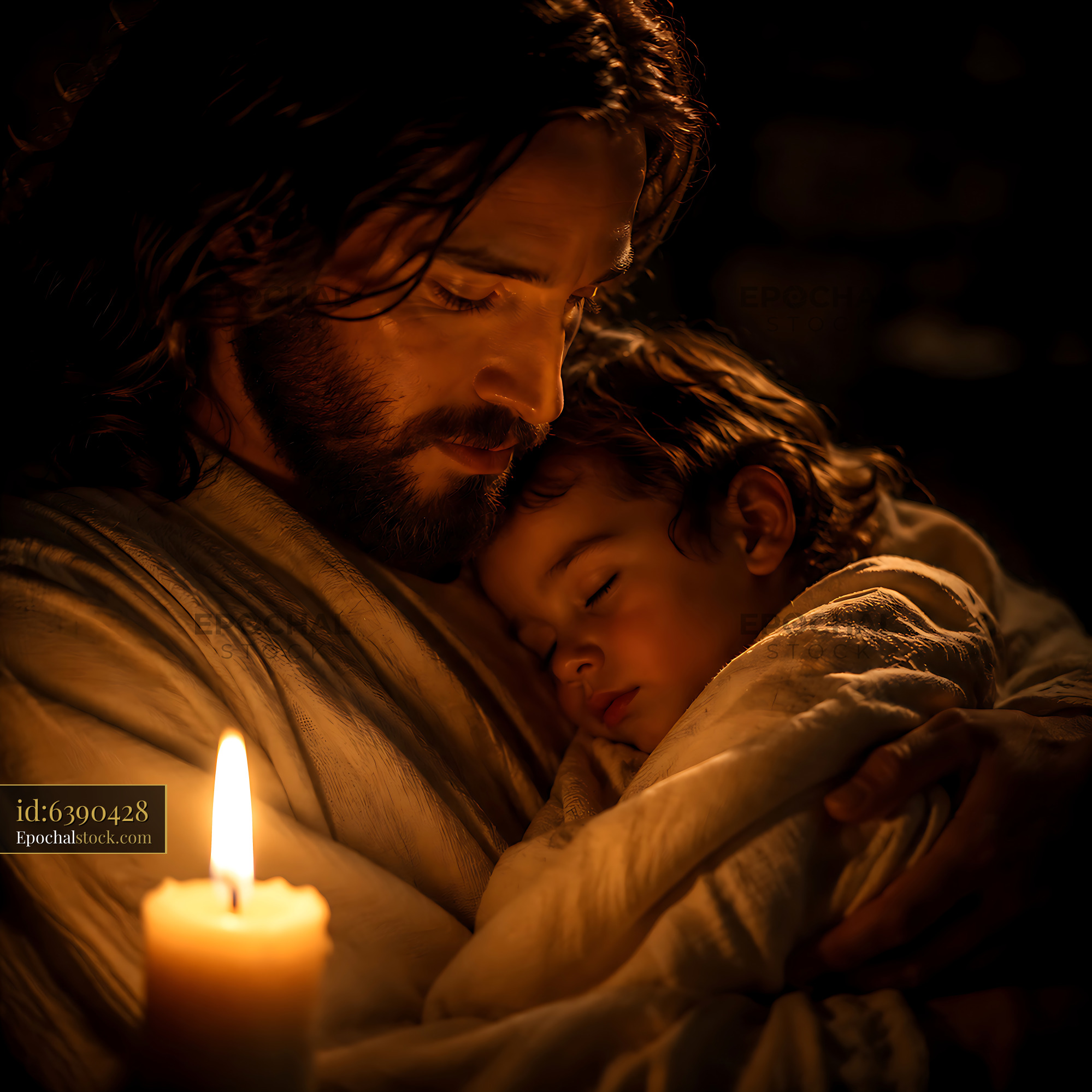 Watermarked full-resolution preview of Man holding child near candlelight