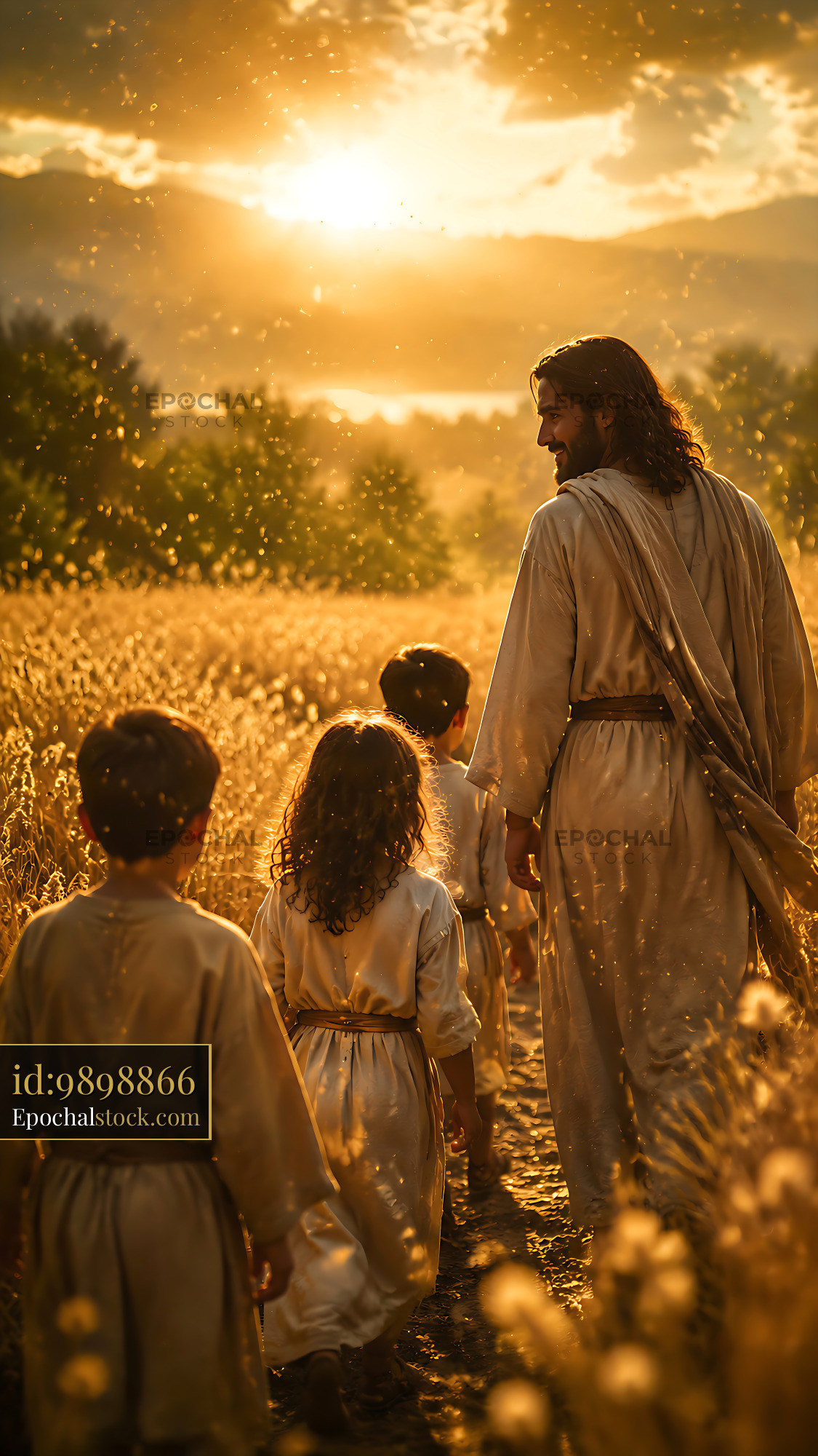 Man Walks With Children Through Golden Fields at Sunset - stock photo