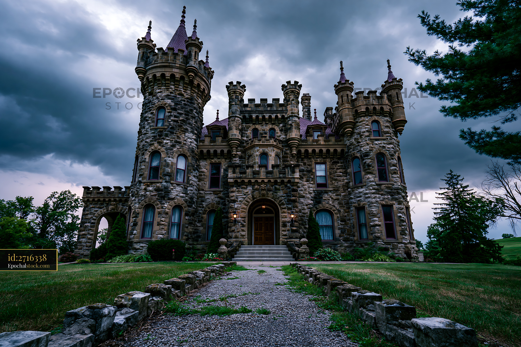Watermarked full-resolution preview of Historic castle with towers under dark cloudy sky