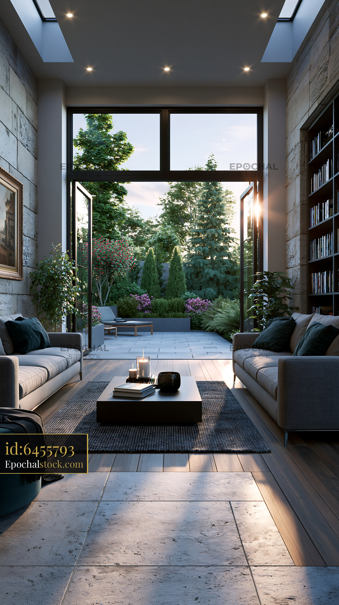Watermarked full-resolution preview of Modern living room with view of garden and outdoor space