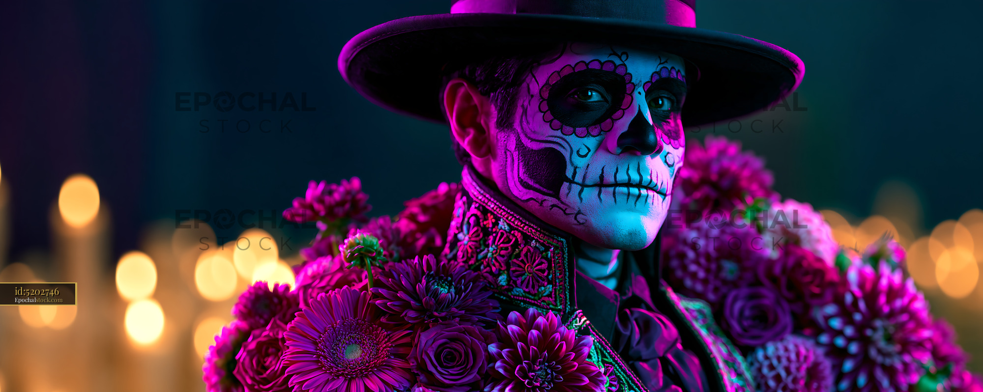 Watermarked full-resolution preview of Colorful skeleton person in flowers with candles in the background