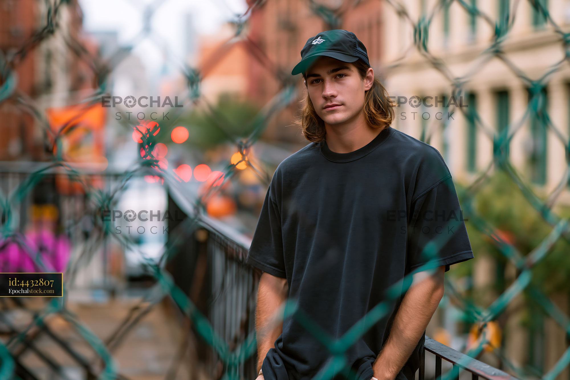 Watermarked full-resolution preview of Young man standing near a fence in an urban setting