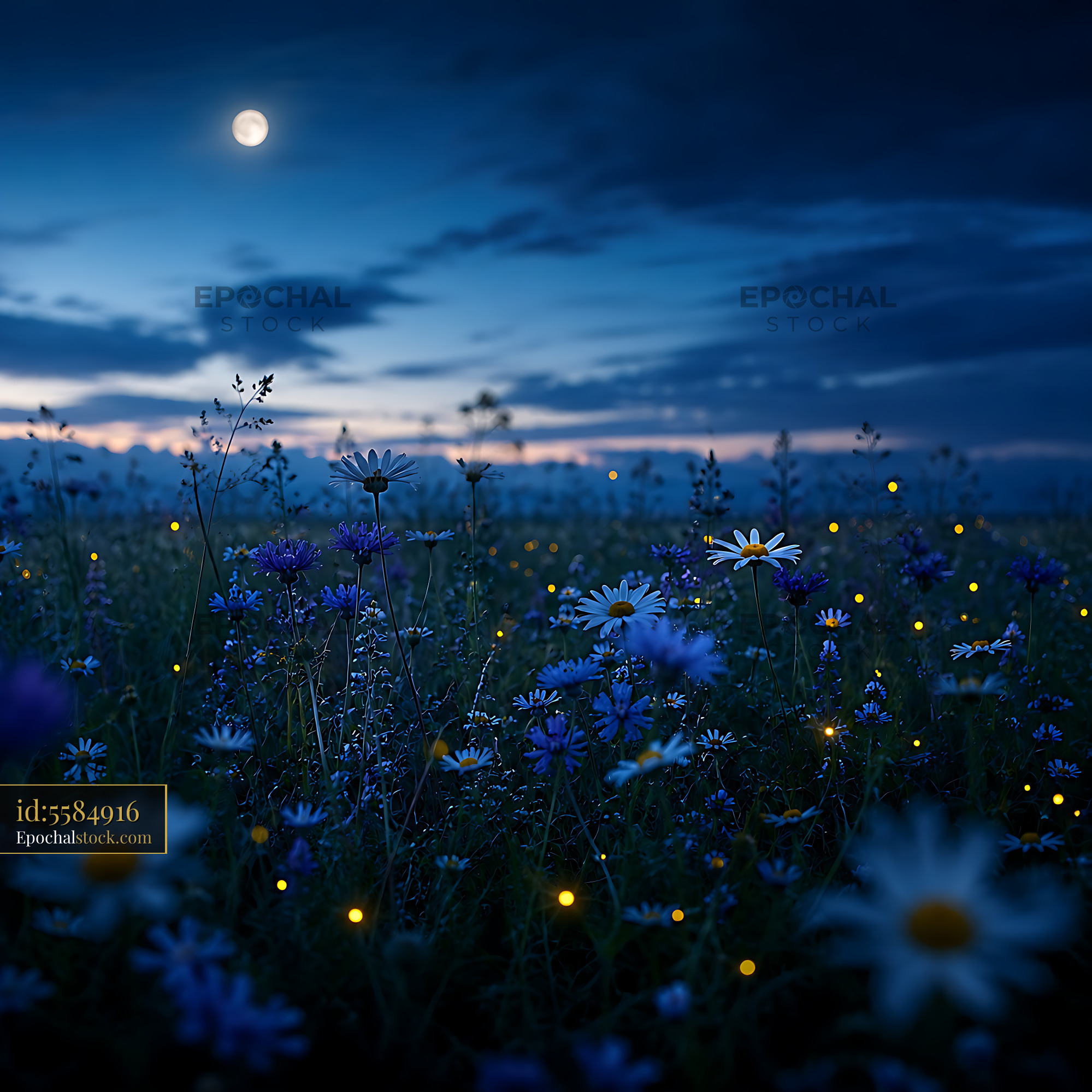 Watermarked full-resolution preview of Night scene with flowers and fireflies in a meadow