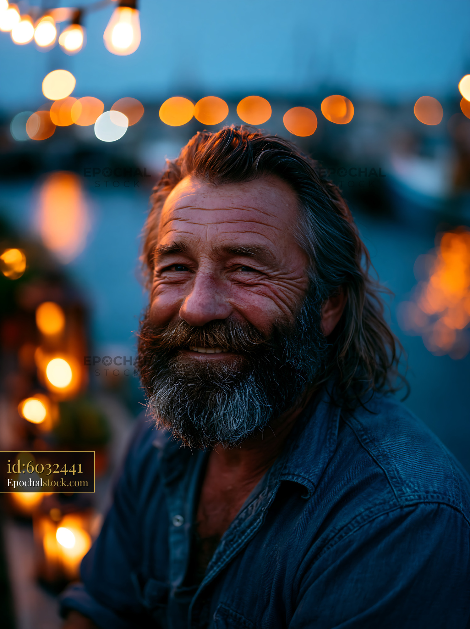 Watermarked full-resolution preview of Smiling man with beard in evening light by the water