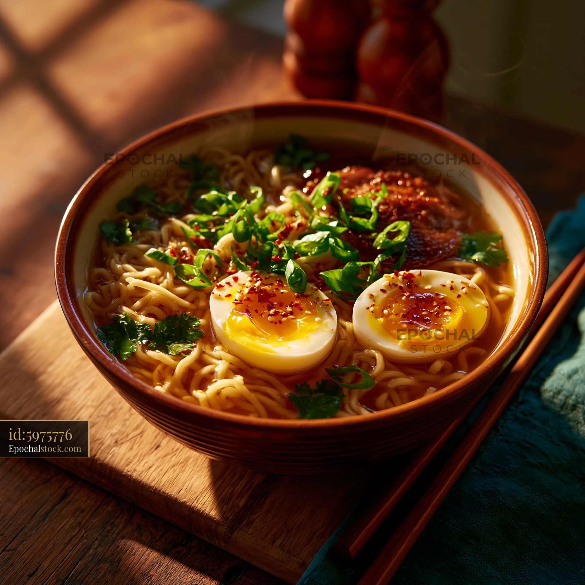 Watermarked full-resolution preview of Delicious bowl of ramen with egg and toppings on a wooden table