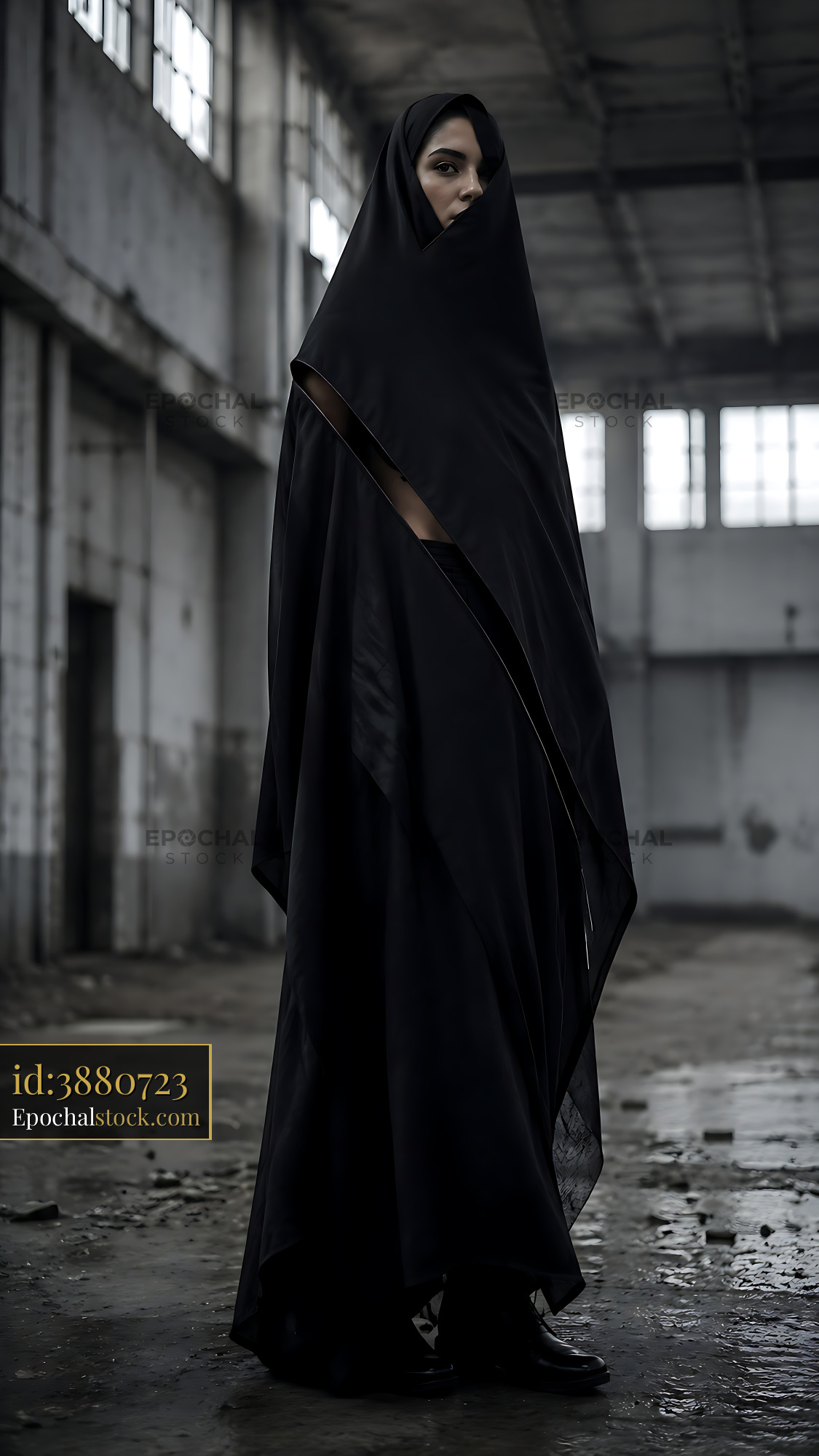 Watermarked full-resolution preview of Person in black attire standing in an industrial space