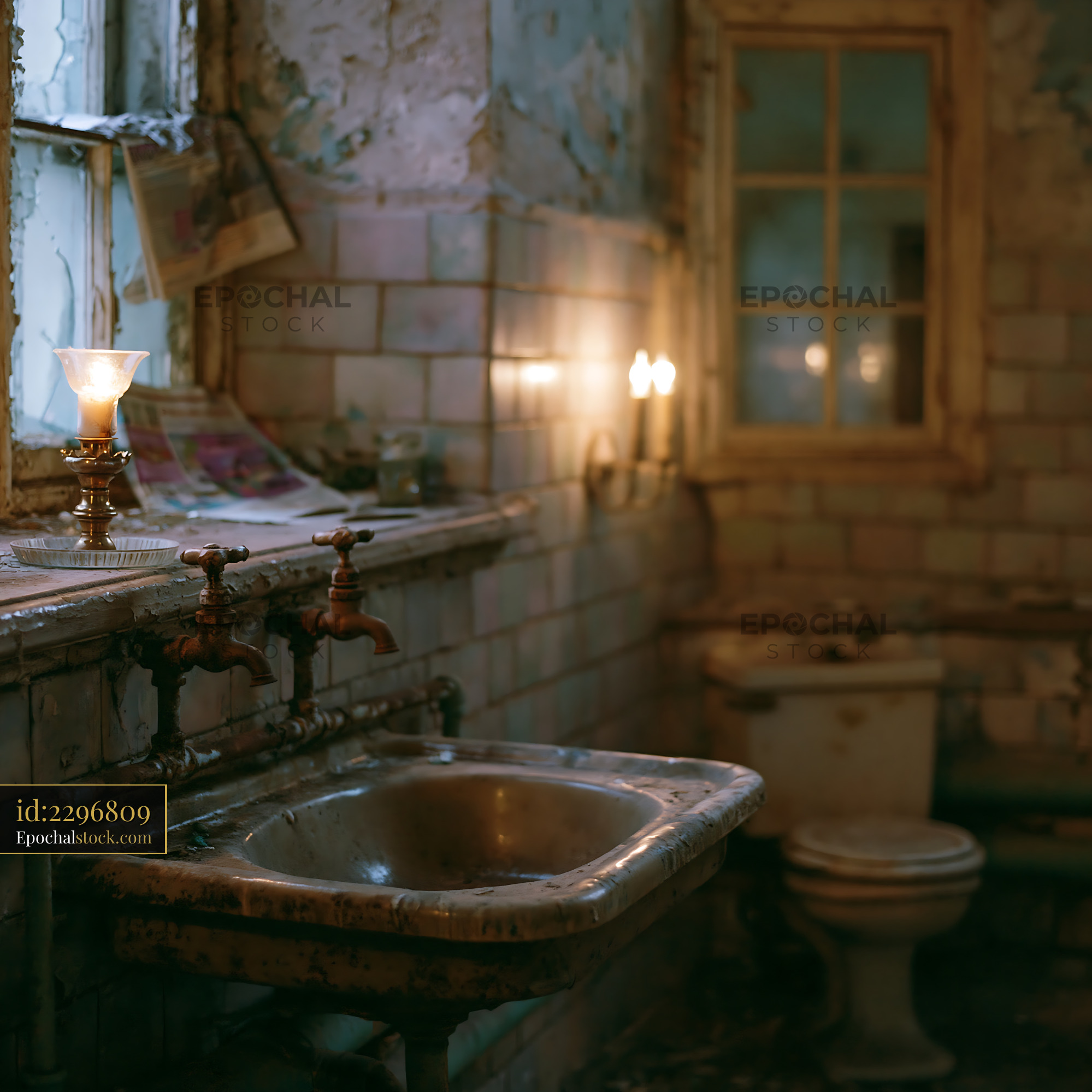 Watermarked full-resolution preview of Old bathroom with vintage fixtures and soft lighting