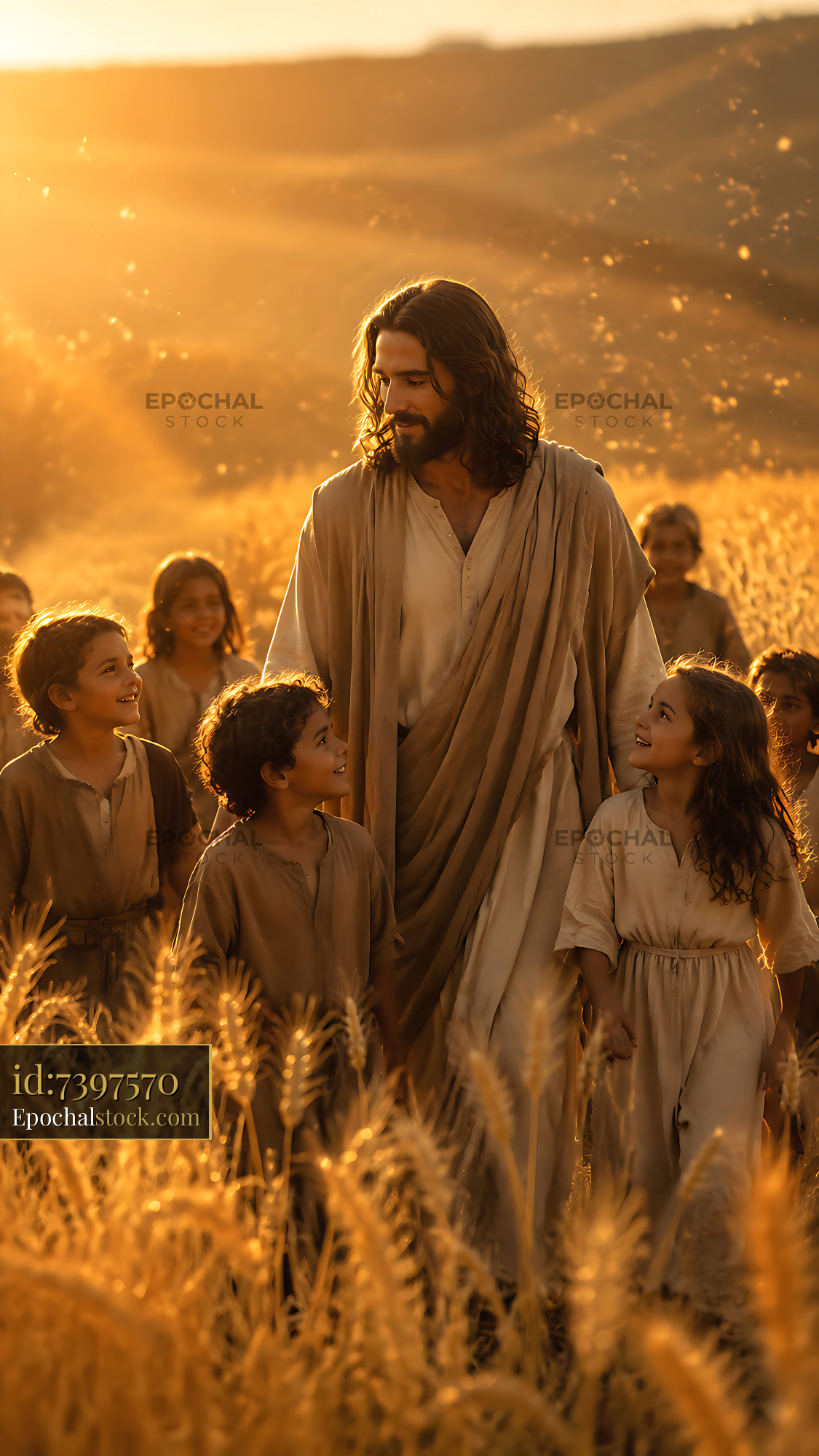 Jesus Walking With Children in a Golden Wheat Field at Sunset - stock photo