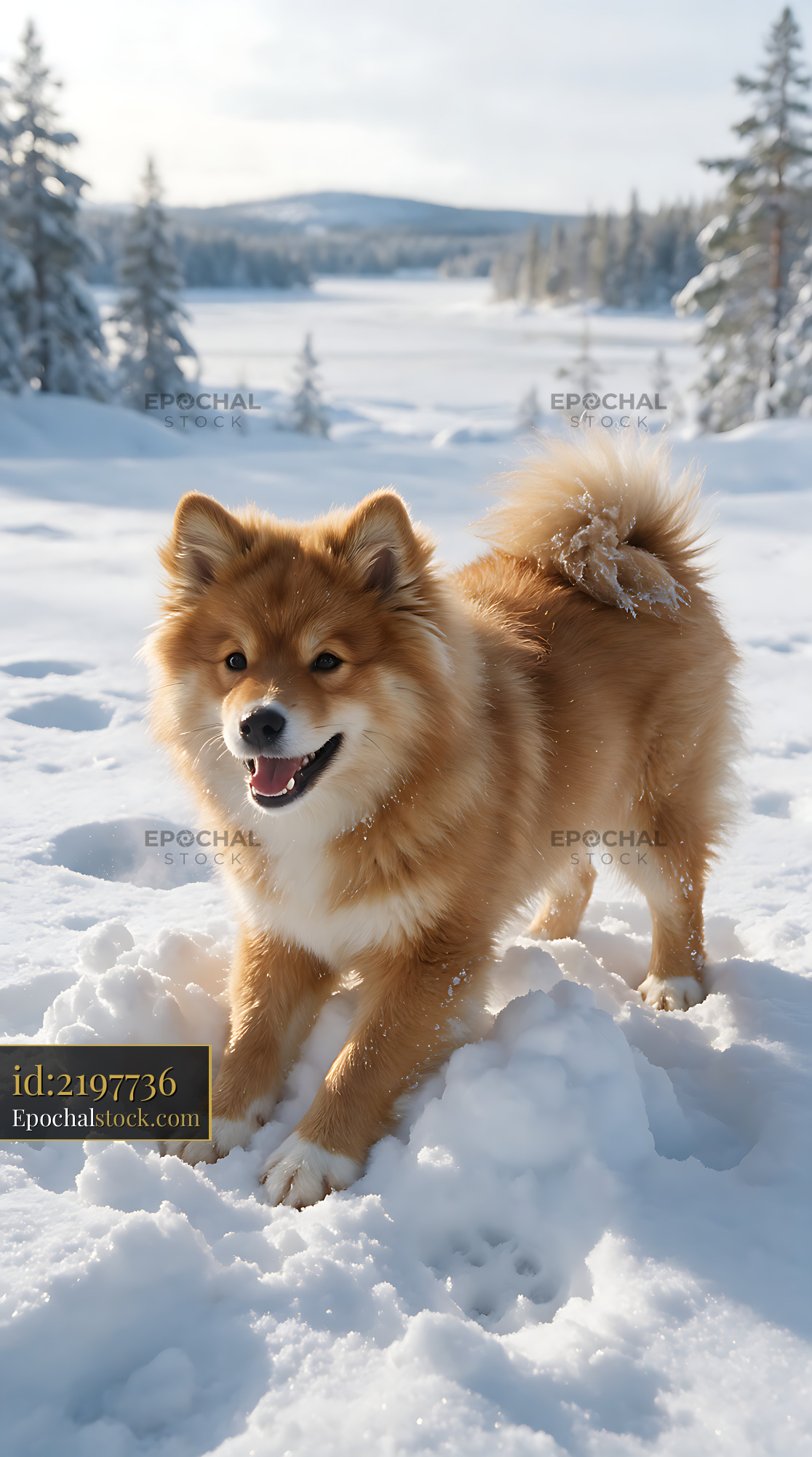 Watermarked full-resolution preview of Happy fluffy puppy playing in fresh winter snow