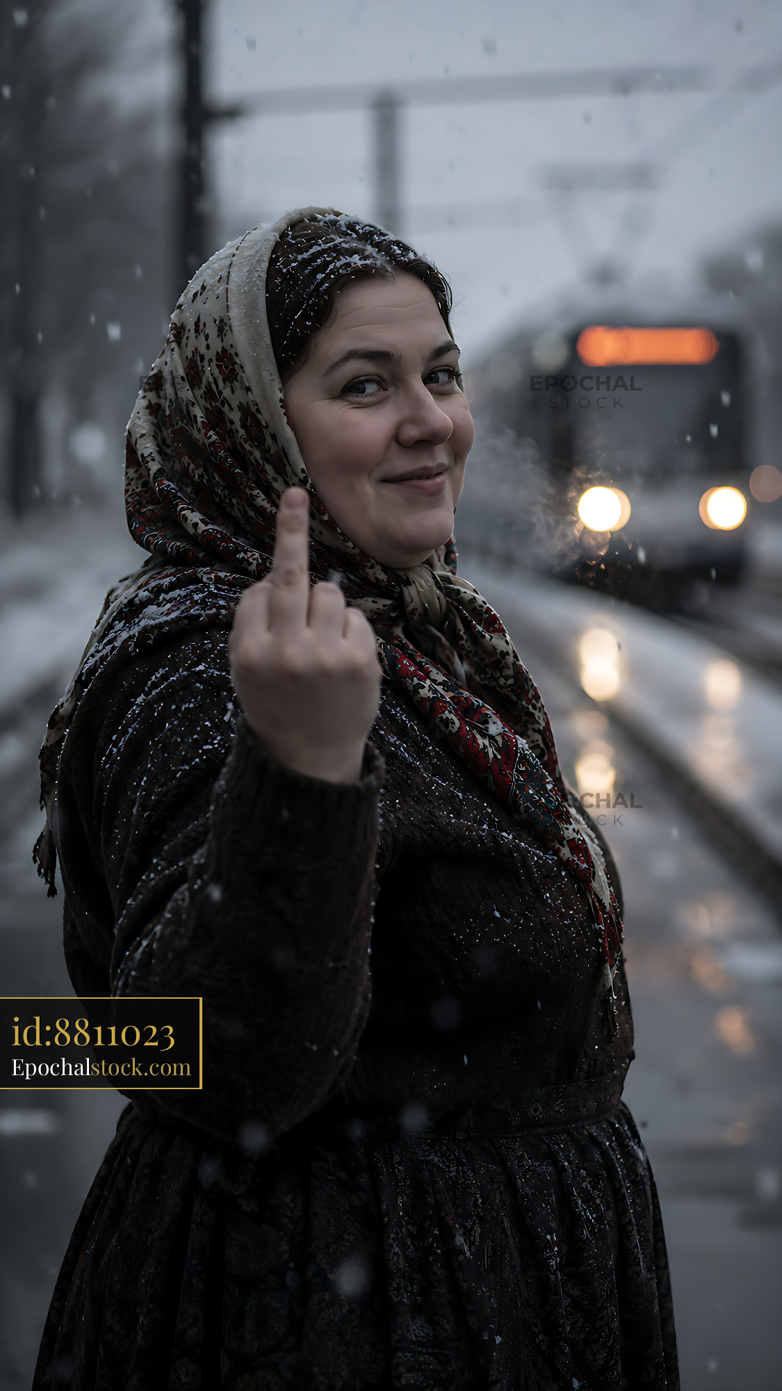 Woman on Snowy Tram Platform Showing Middle Finger in Winter - stock photo