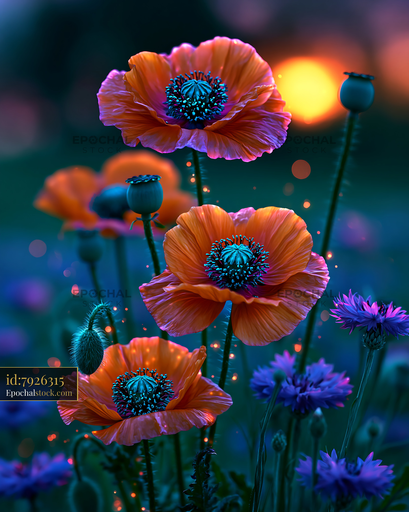 Watermarked full-resolution preview of Vibrant poppies and flowers during sunset