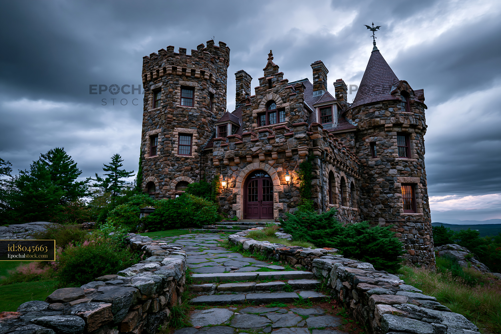 Watermarked full-resolution preview of Stone castle with turrets under a cloudy sky in the evening