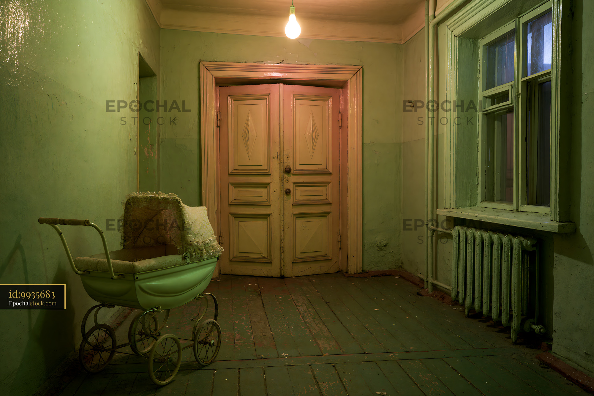 Watermarked full-resolution preview of Old hallway with a baby carriage and doors in dim light