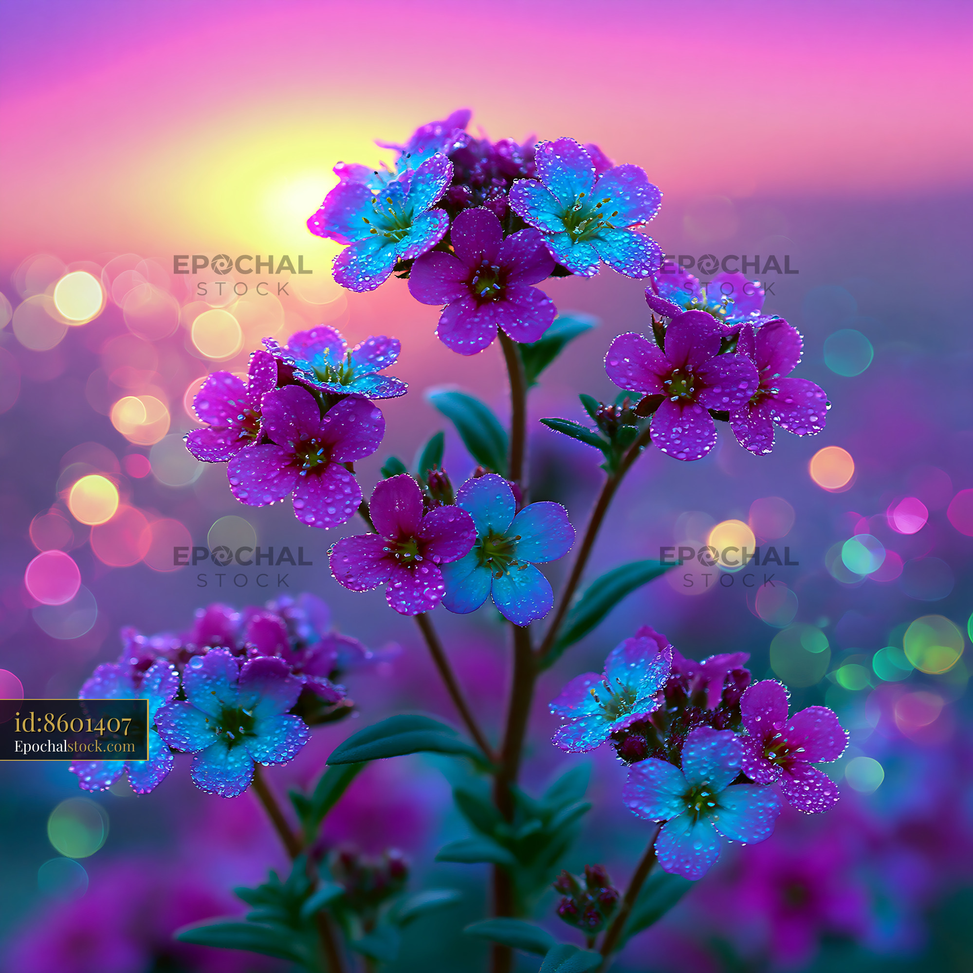 Watermarked full-resolution preview of Colorful flowers with dew against a sunset background