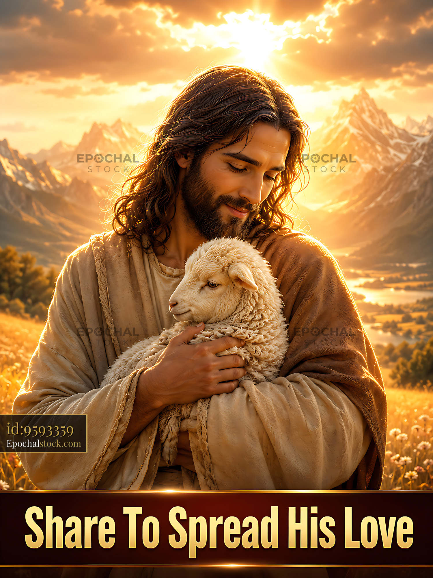 Watermarked full-resolution preview of Man holding a sheep in a sunset landscape with mountains