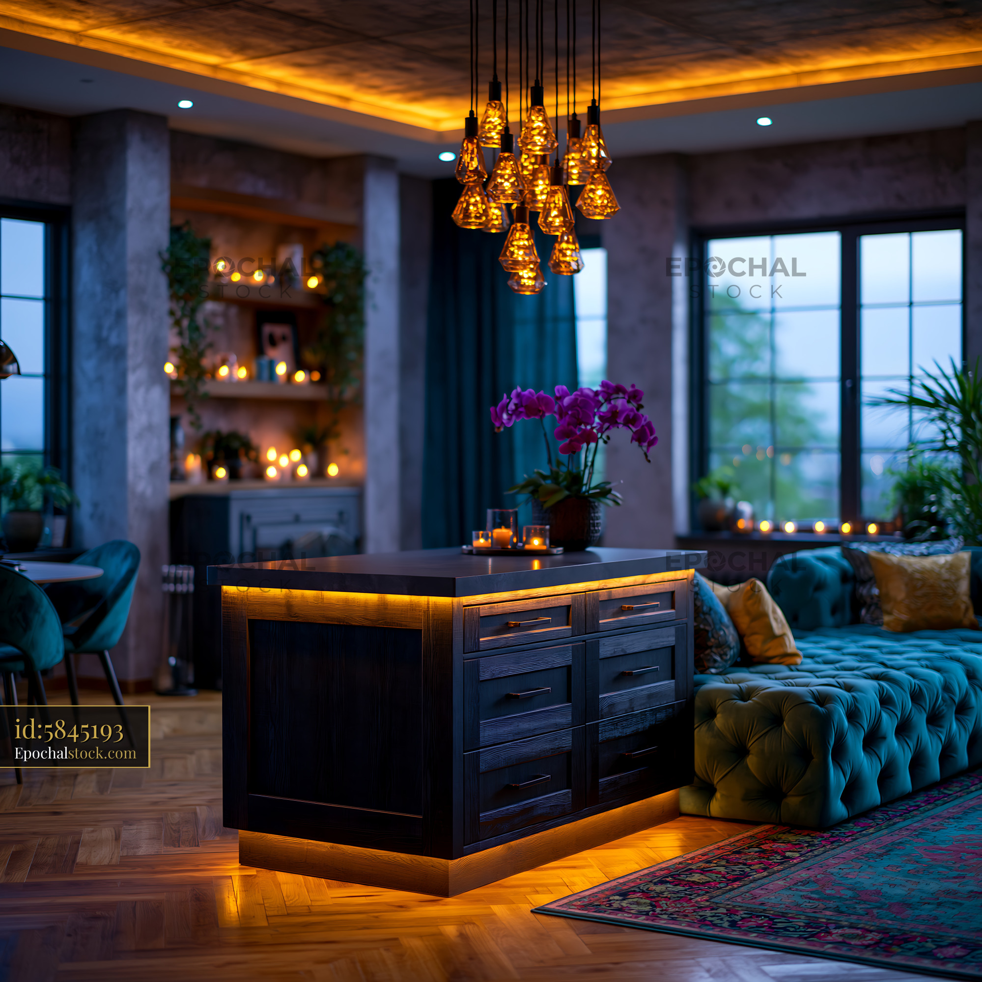 Watermarked full-resolution preview of Cozy living room interior with a modern kitchen island