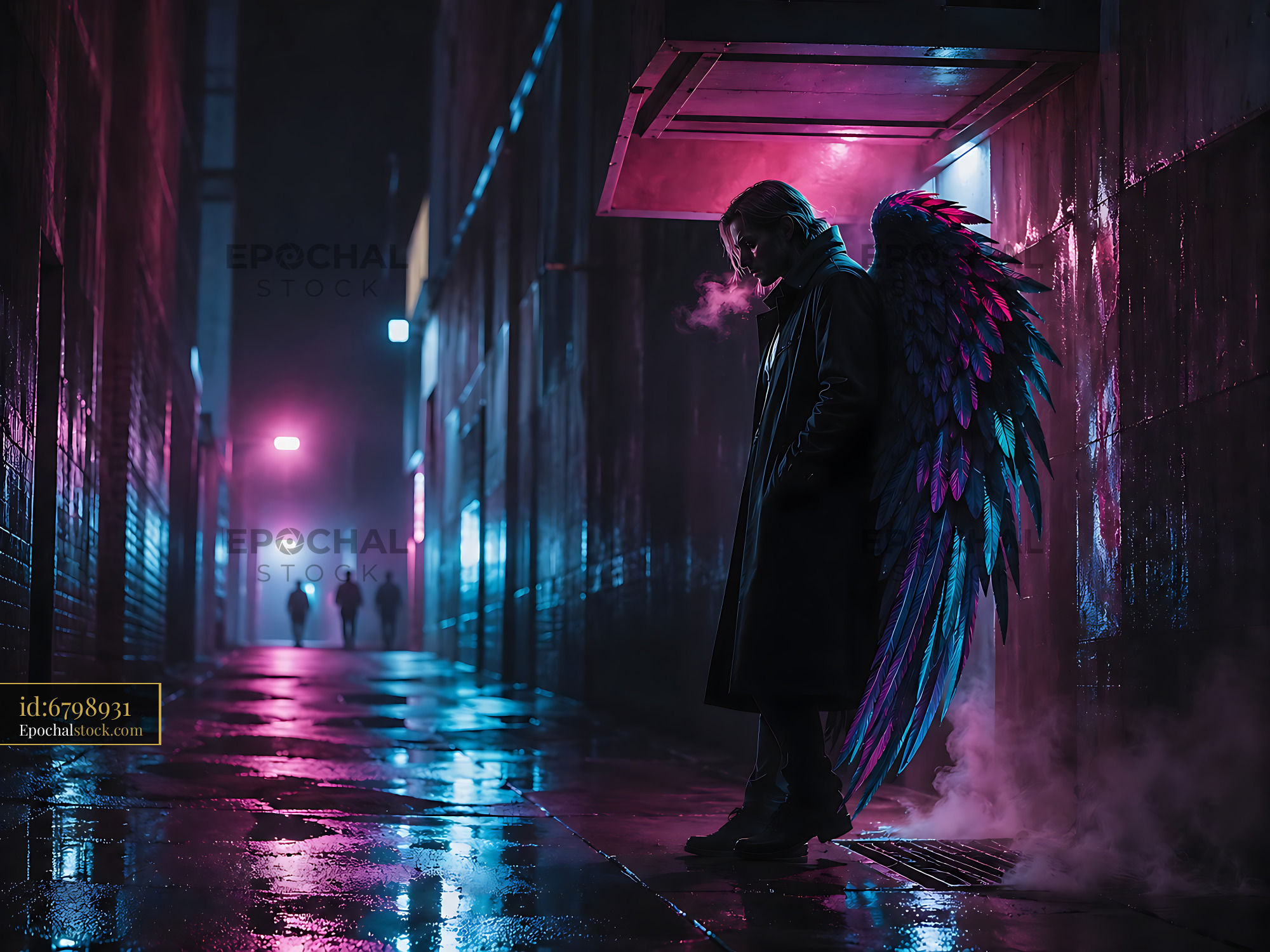 Watermarked full-resolution preview of Person with colorful wings stands in a dark alleyway at night