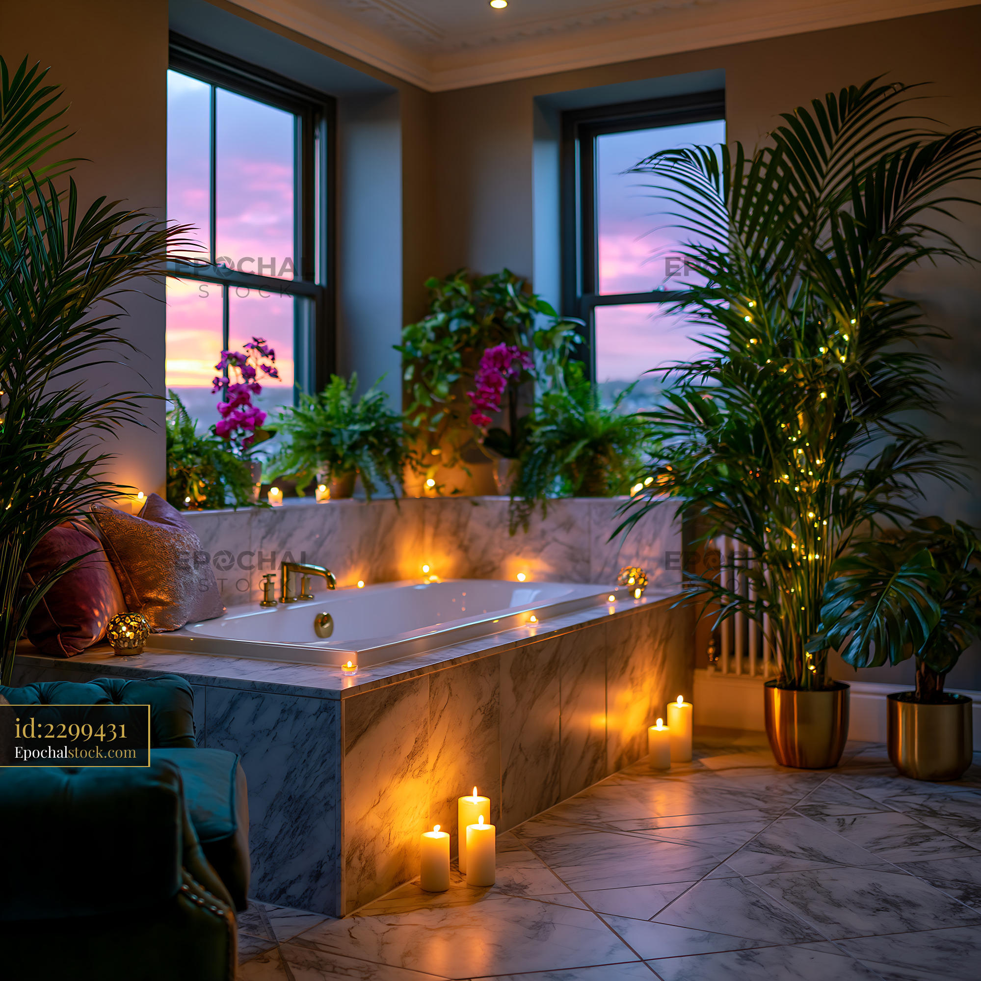 Marble Master Bathroom With Plants and Candles at Sunset — stock example for Nano Banana Pro solution examples