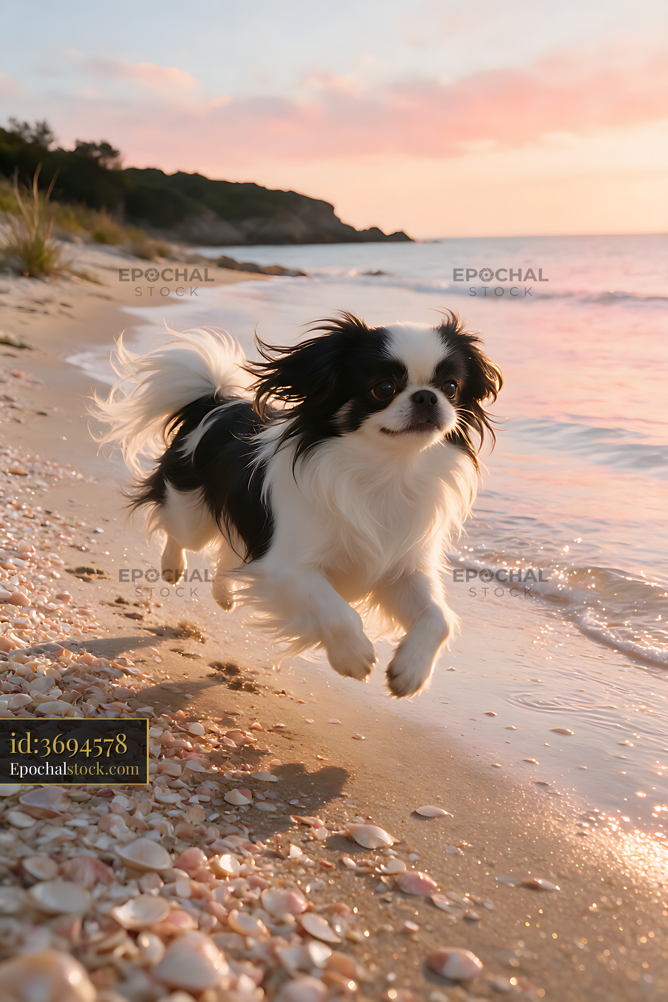 Watermarked full-resolution preview of Long-haired black and white dog running by the ocean