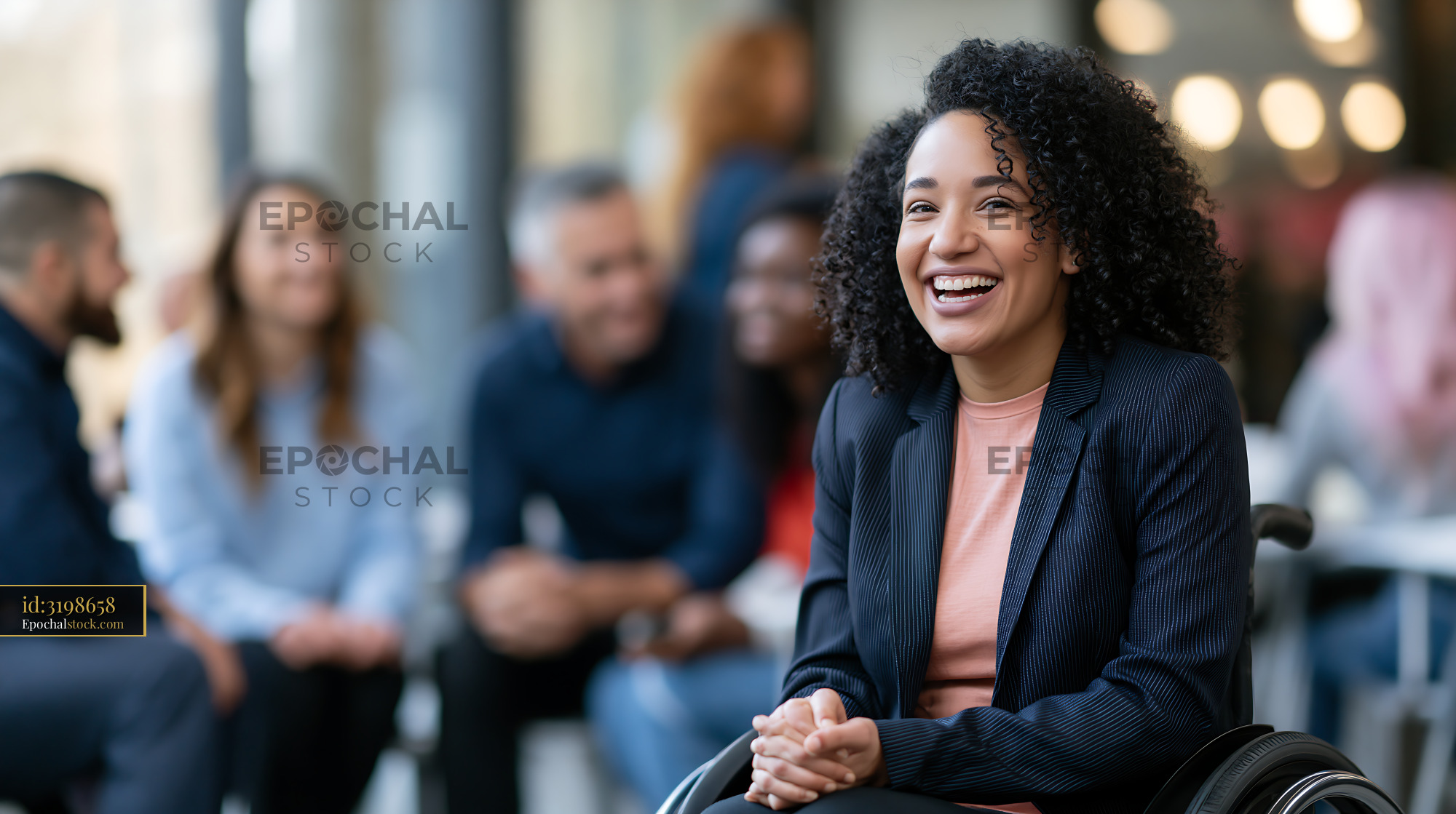 Watermarked full-resolution preview of Woman in wheelchair smiles during a group discussion