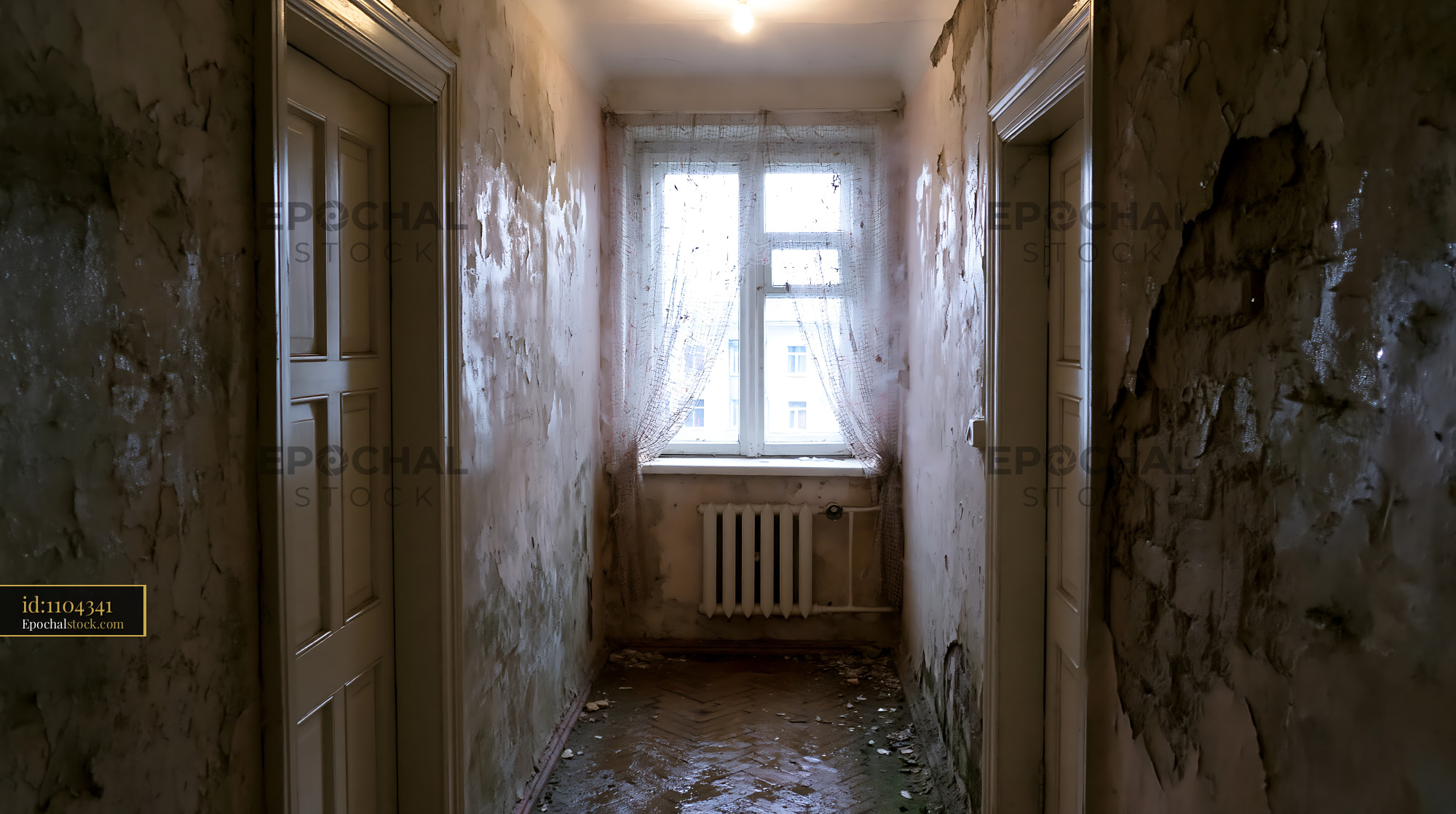 Watermarked full-resolution preview of Abandoned hallway with peeling walls and dirty floor