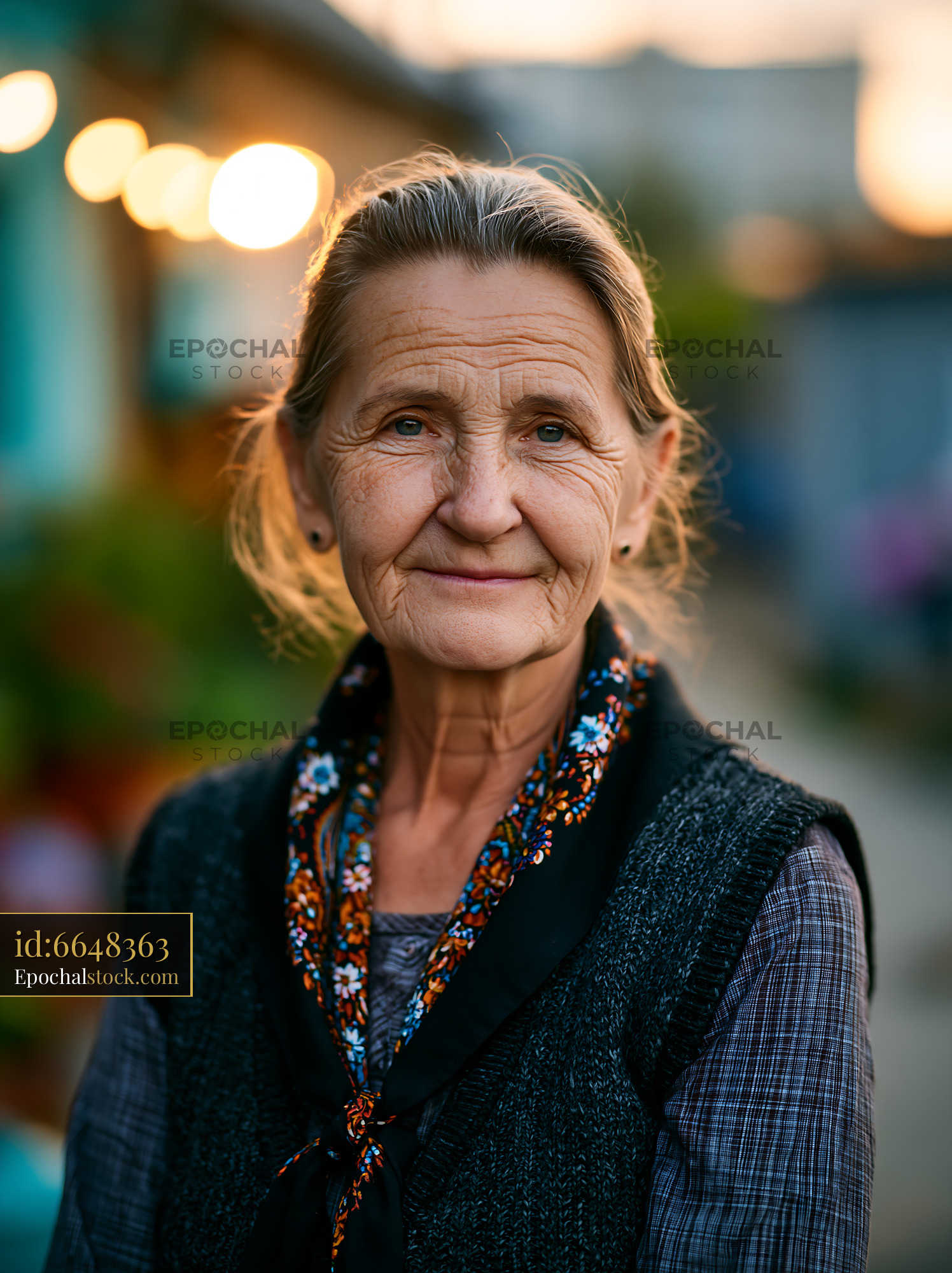 Watermarked full-resolution preview of Elderly woman standing outdoors with blurred background