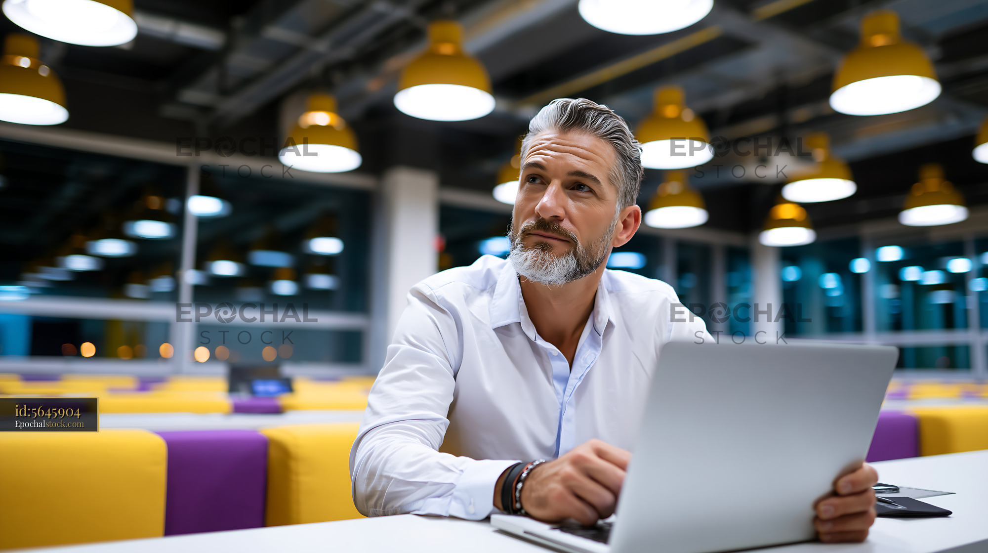 Watermarked full-resolution preview of Man using laptop in modern coworking space