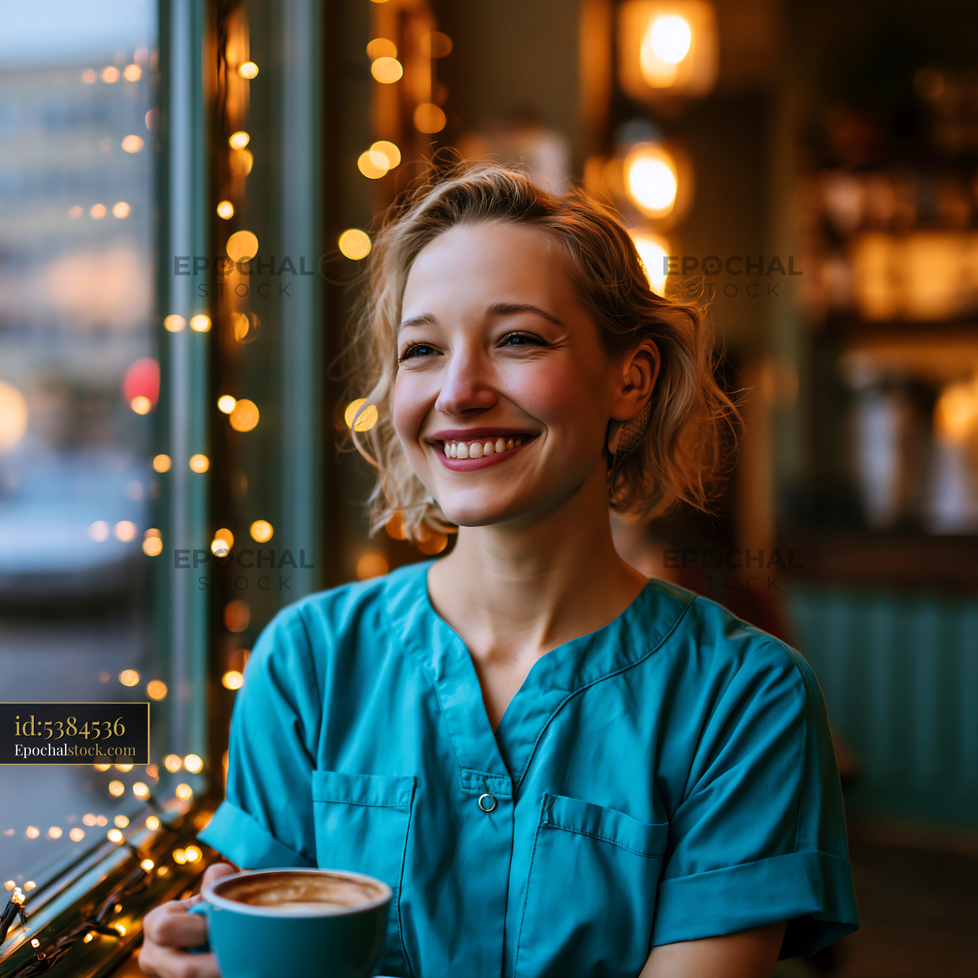 Watermarked full-resolution preview of Woman enjoying coffee in café with warm lights during evening