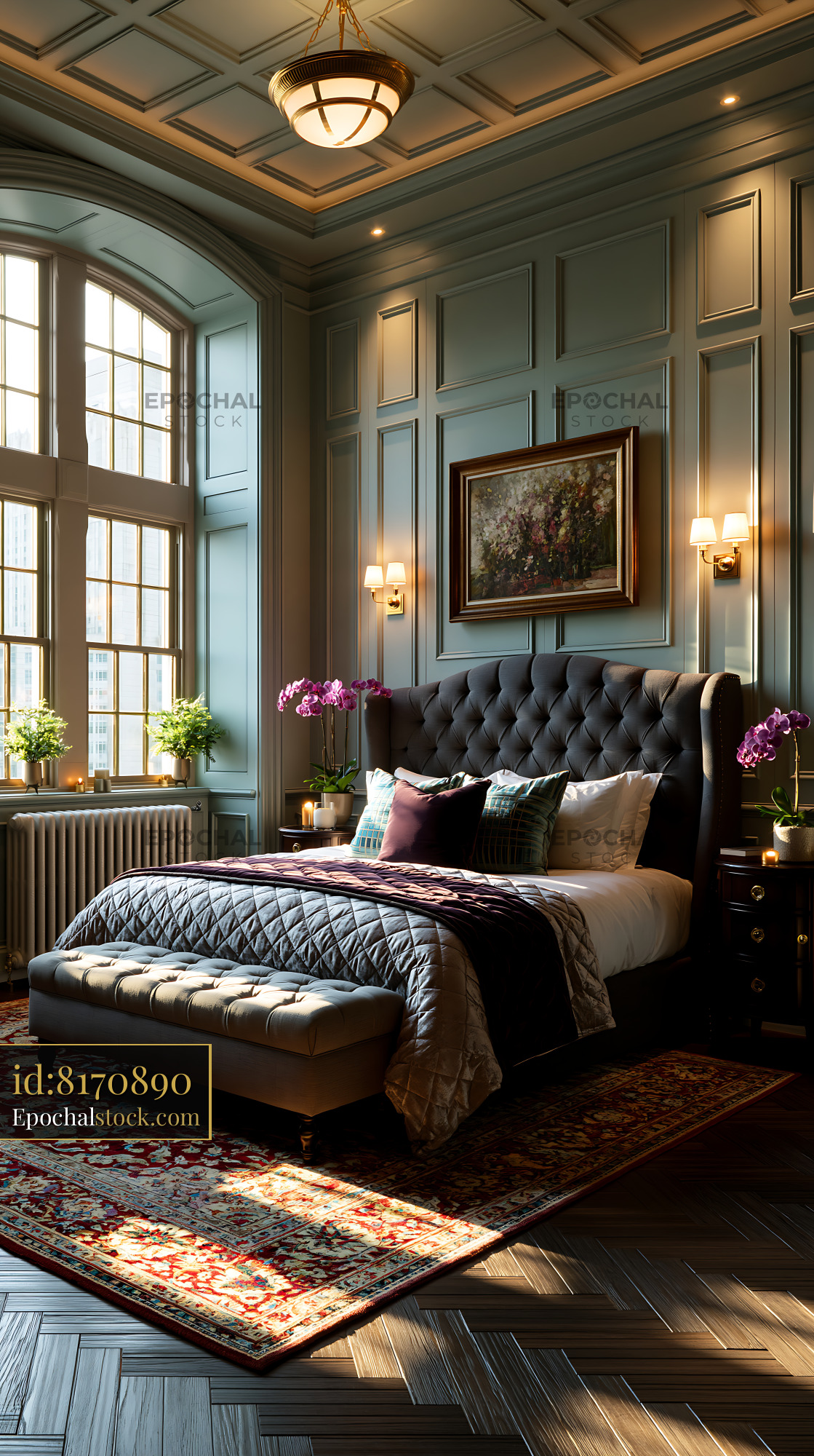 Watermarked full-resolution preview of Cozy bedroom with elegant decor and natural light