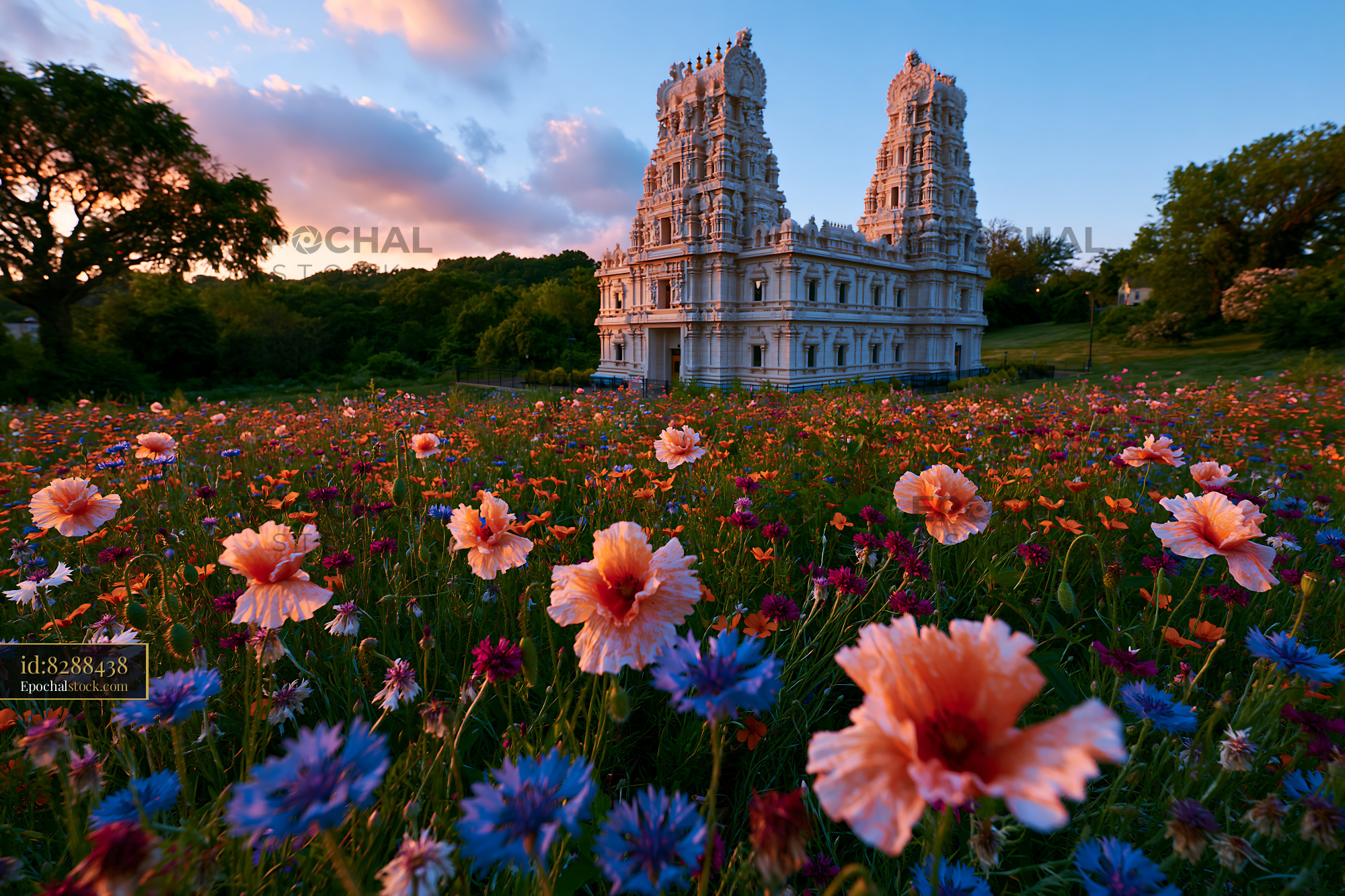 Watermarked full-resolution preview of Temple surrounded by wildflowers at sunset