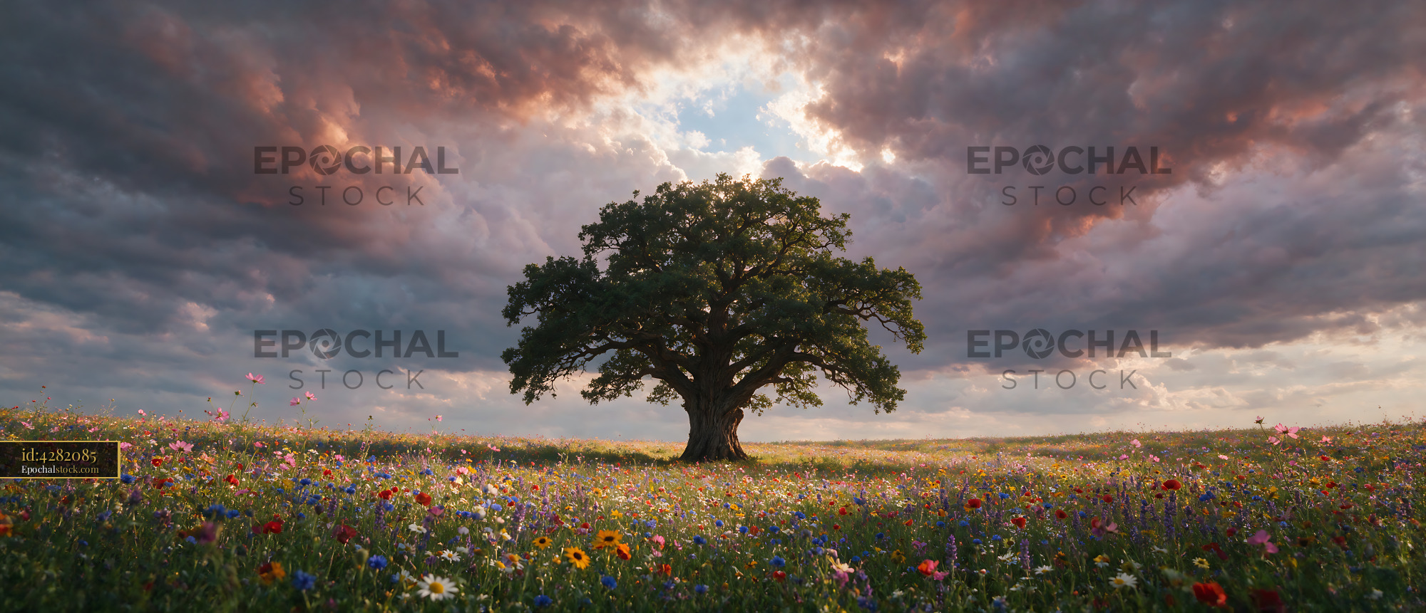 Watermarked full-resolution preview of Large tree surrounded by flowers under cloudy sky