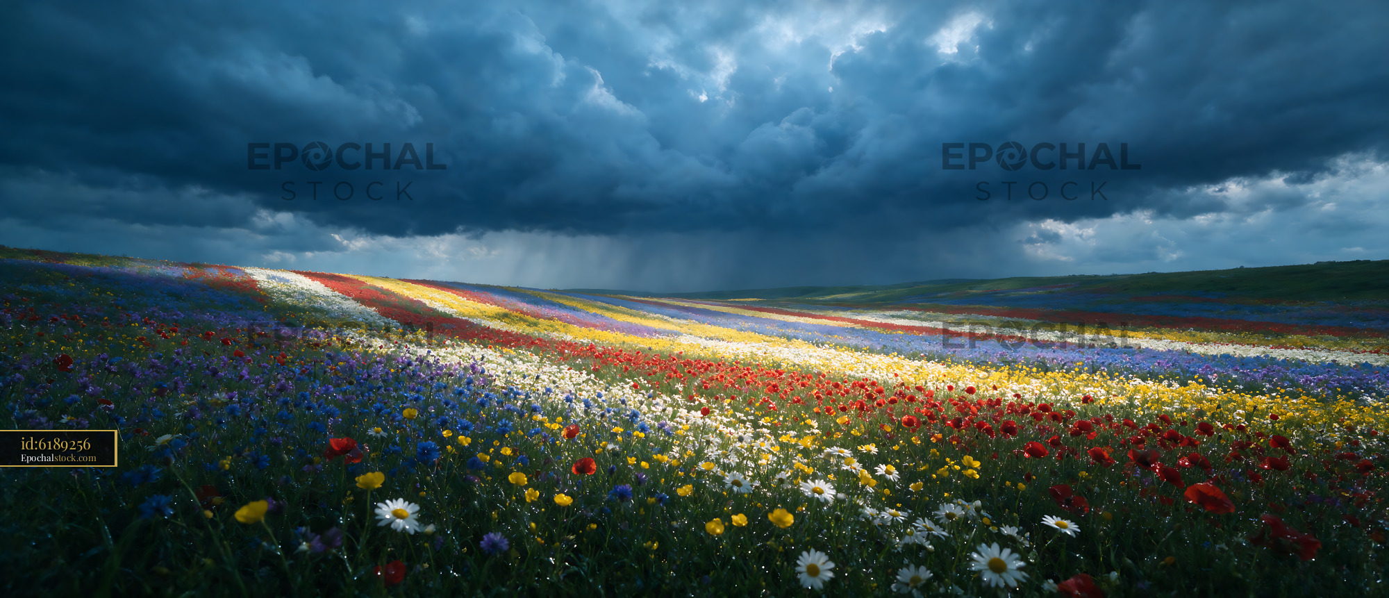 Watermarked full-resolution preview of Vibrant flower field under a stormy sky