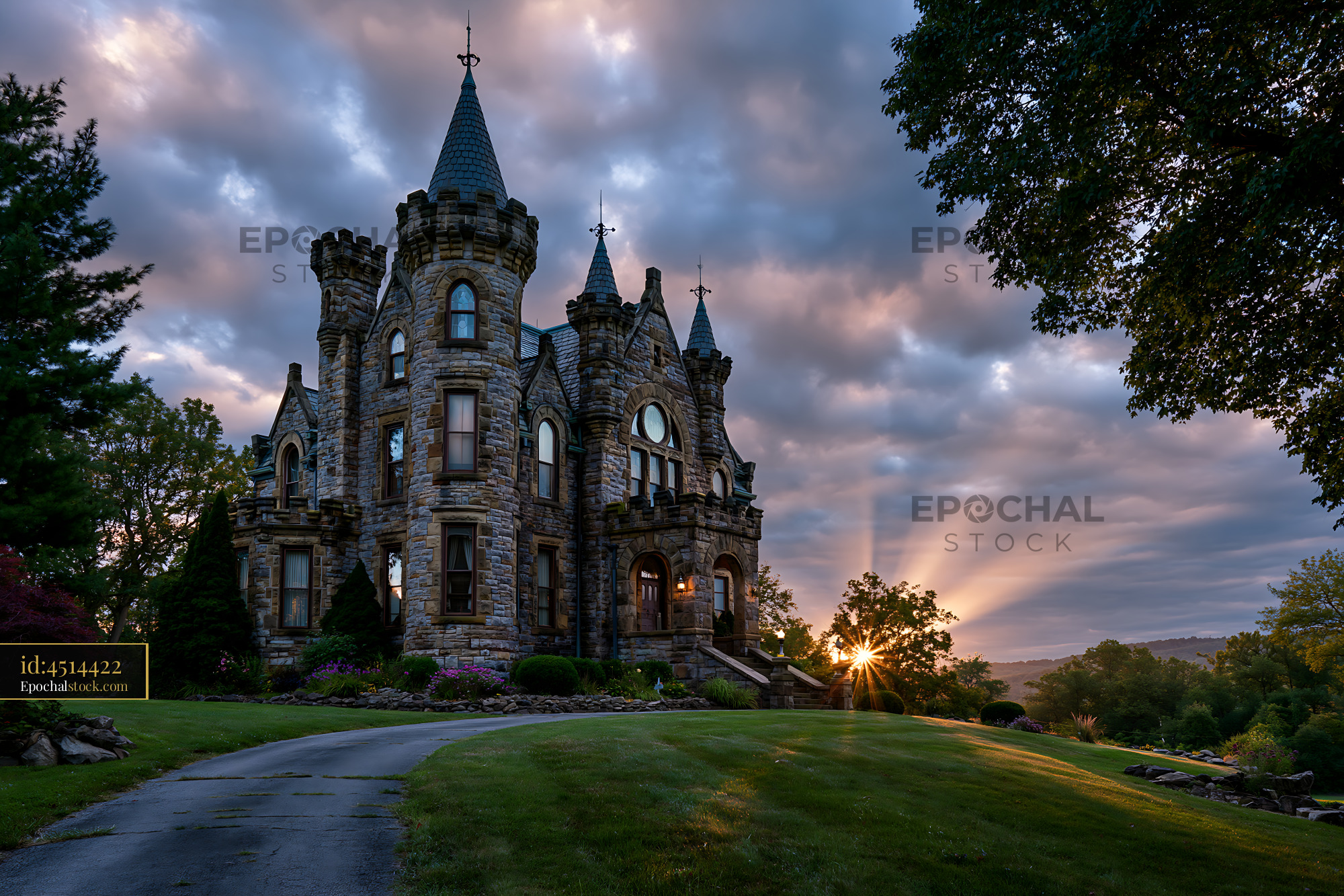 Watermarked full-resolution preview of Old stone castle with towers at sunset